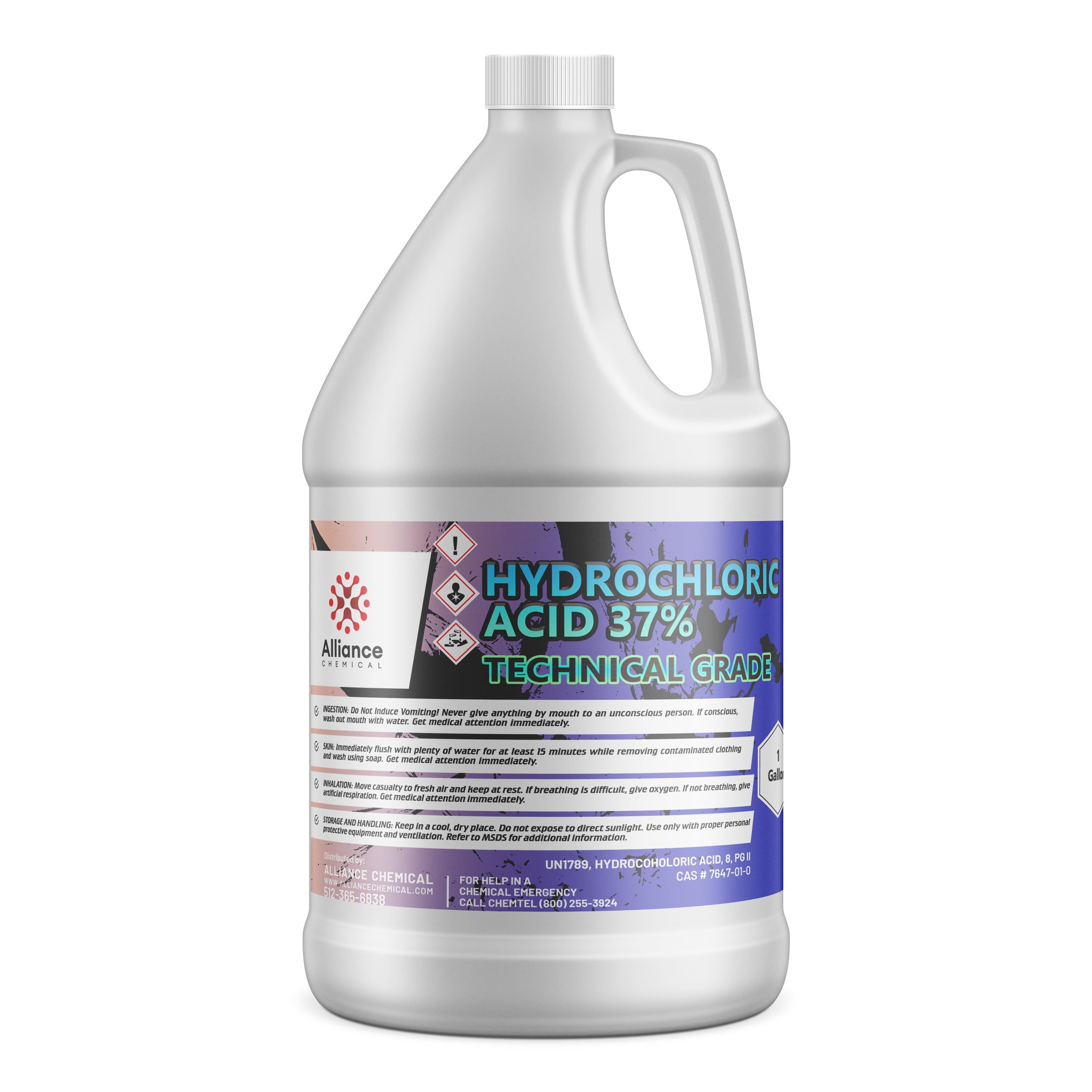 One-gallon white HDPE jug of Technical Grade 37% Hydrochloric Acid by Alliance Chemical, featuring GHS hazard symbols and safety warnings on gradient label.