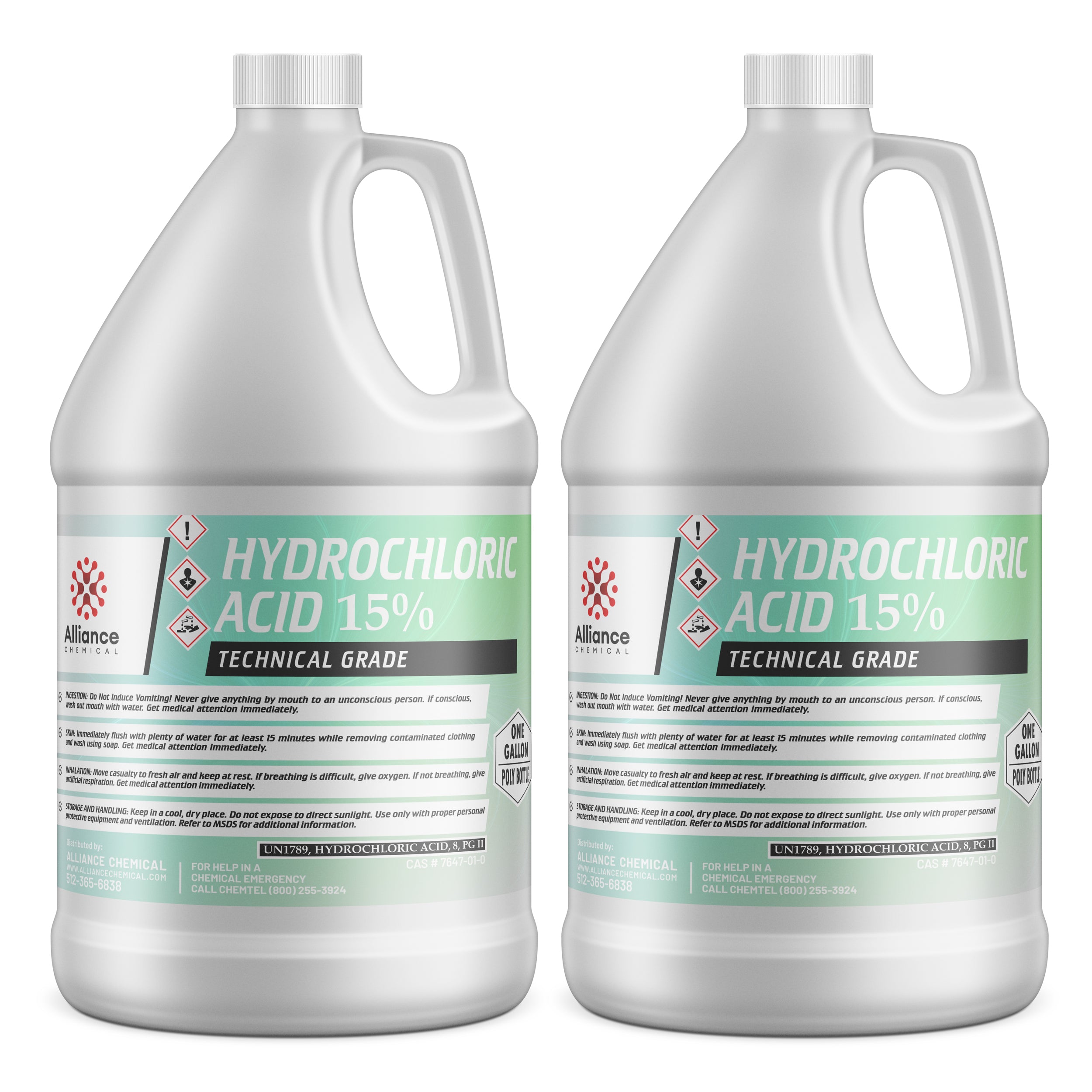 2-gallon HDPE containers of 15% Hydrochloric Acid Technical Grade by Alliance Chemical, featuring GHS corrosive hazard symbols and safety warnings.