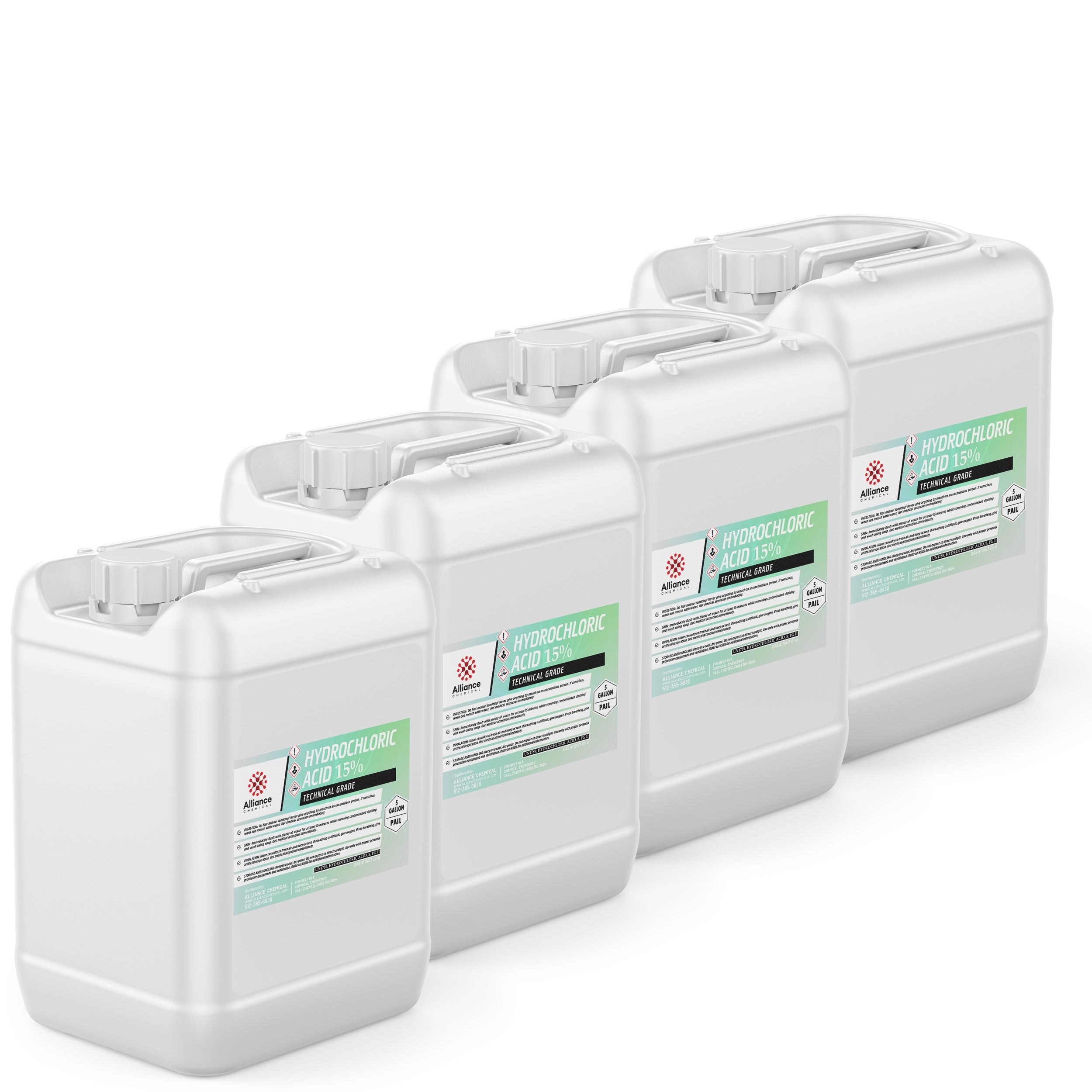 4x5-gallon white HDPE containers of 15% Technical Grade Hydrochloric Acid, labeled with green safety data panels and corrosive warning symbols.