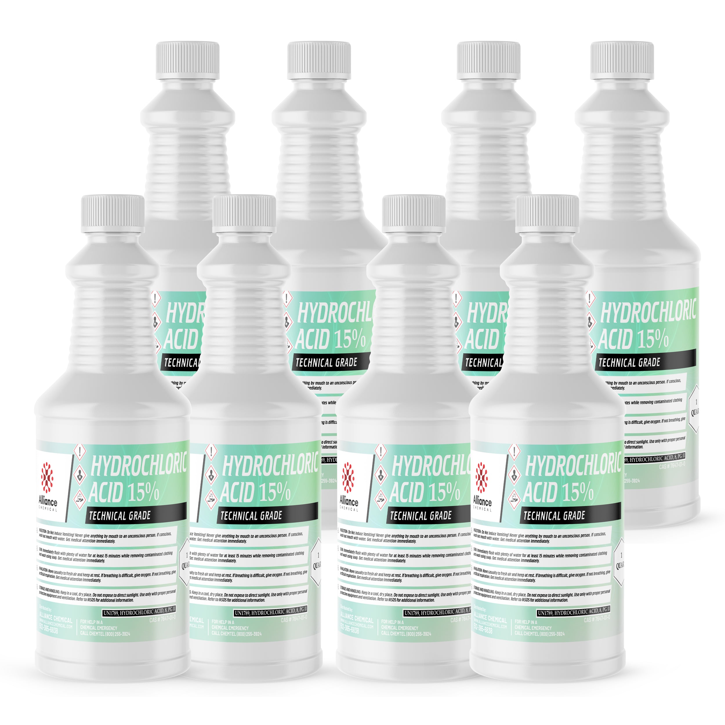 8x1-quart bottles of 15% Technical Grade Hydrochloric Acid in white HDPE containers with mint-green labels and corrosive/toxic hazard symbols.