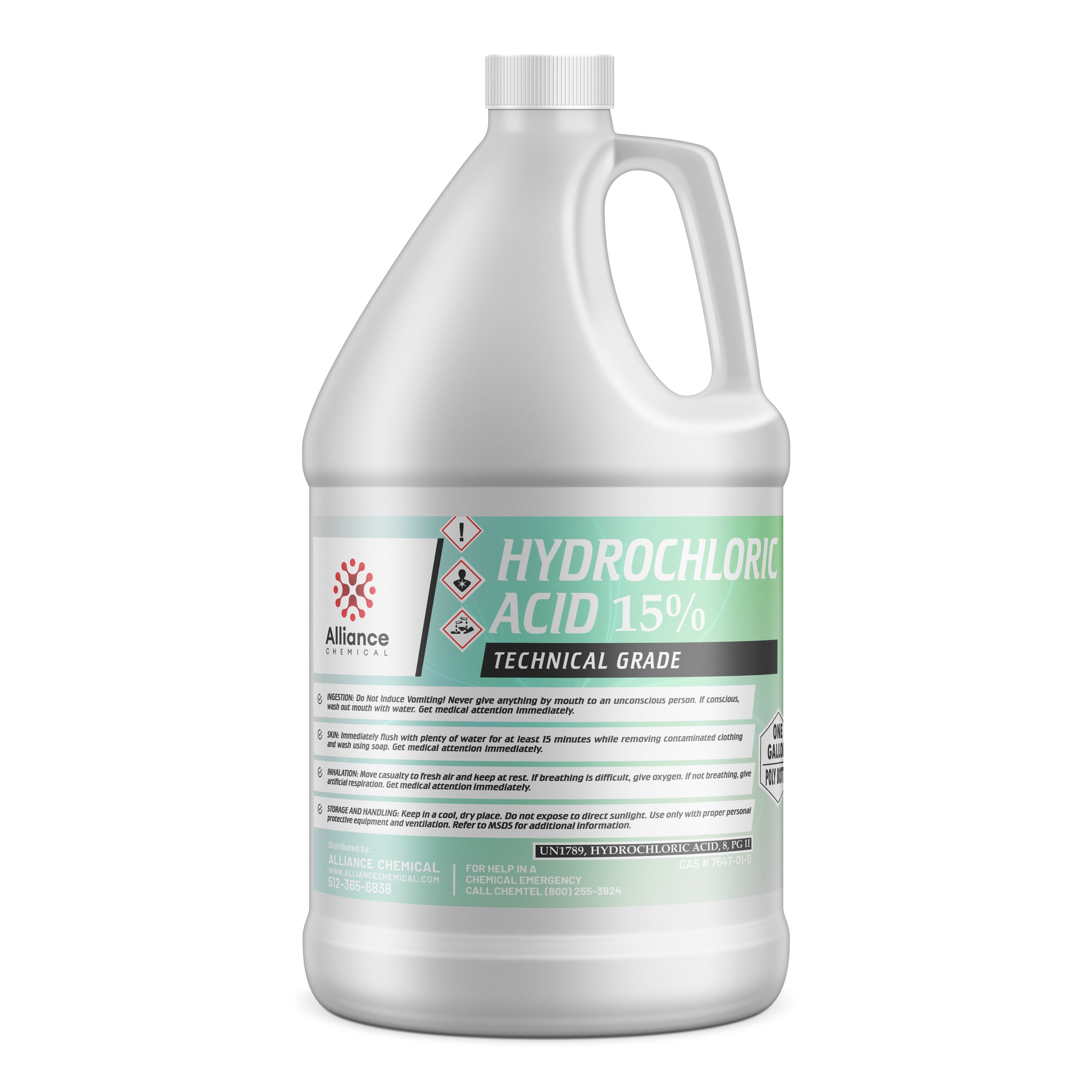 One-gallon white HDPE container of 15% Hydrochloric Acid (Technical Grade) by Alliance Chemical, featuring corrosive/toxic hazard symbols and safety instructions.