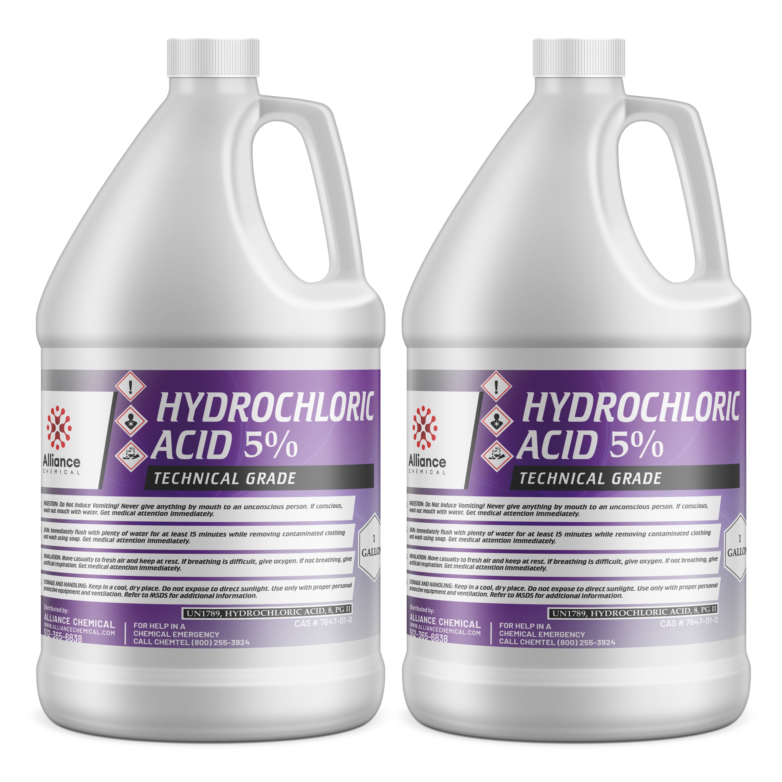 2-gallon Technical Grade 5% Hydrochloric Acid in white HDPE jugs with purple labeling, hazard diamonds, Alliance Chemical branding, and safety warnings.