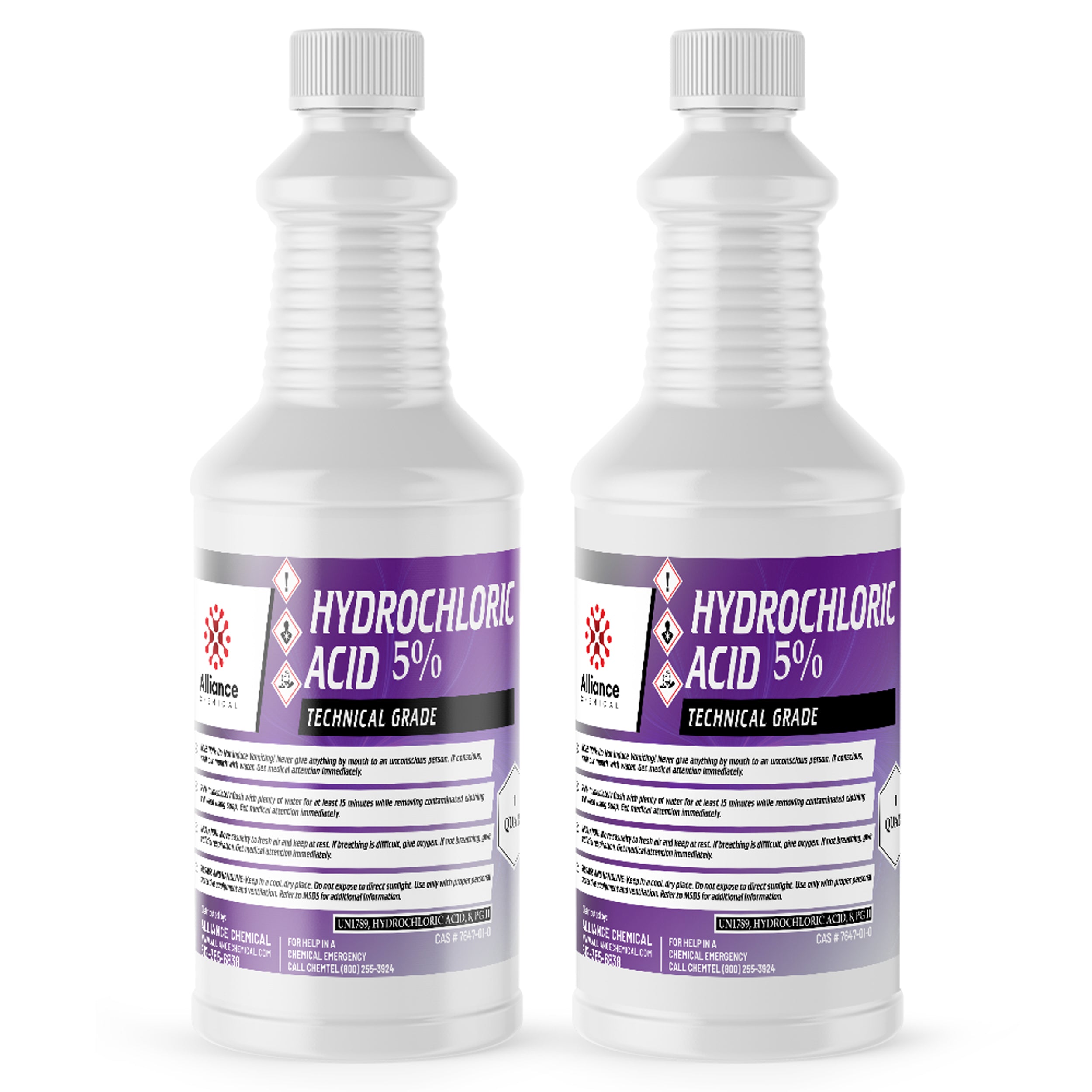 2-quart bottles of 5% Technical Grade Hydrochloric Acid in white HDPE containers with GHS corrosive/hazard symbols and purple labeling.