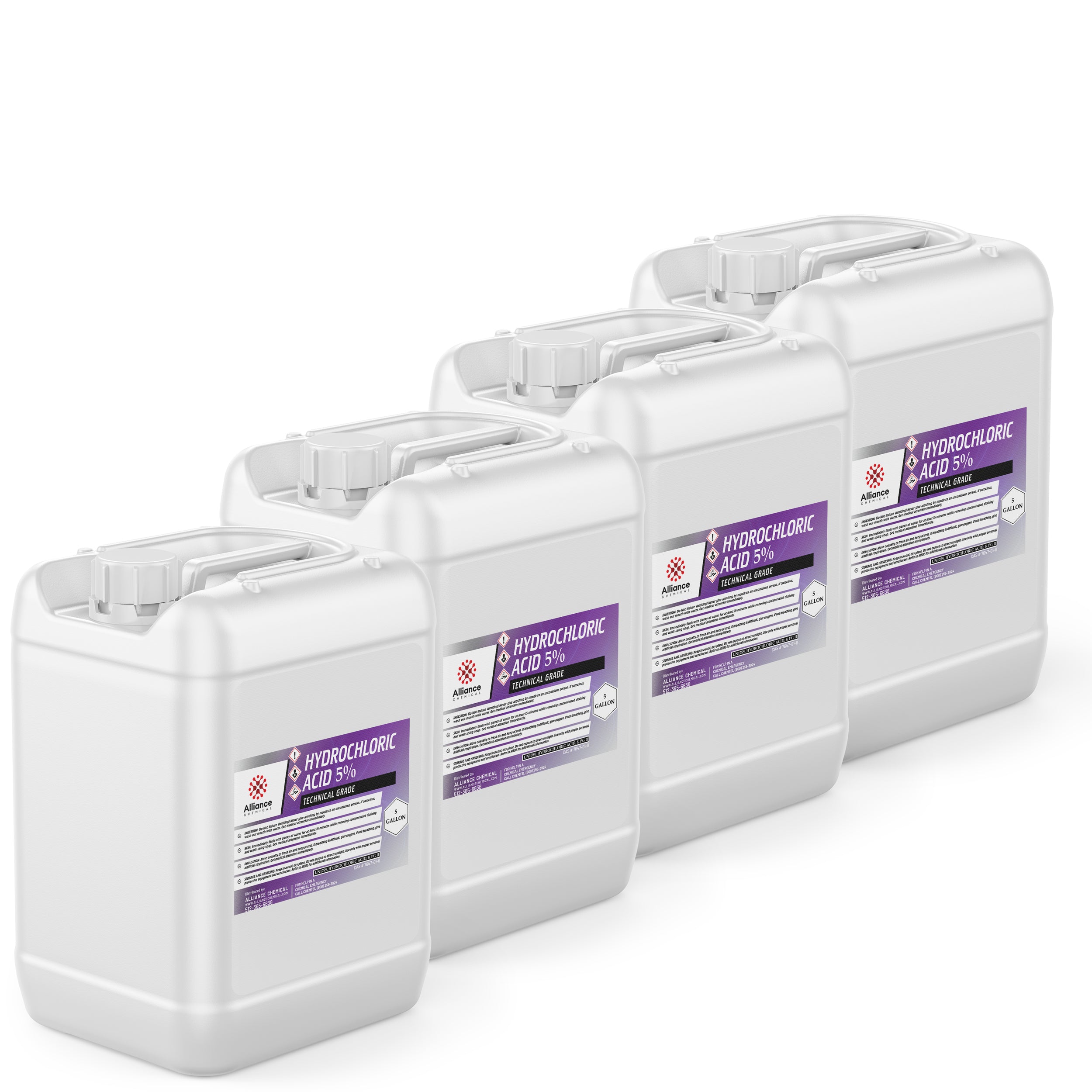 4x5-gallon white HDPE containers of 5% Technical Grade Hydrochloric Acid with purple hazard labels, secure screw caps, and chemical safety information.