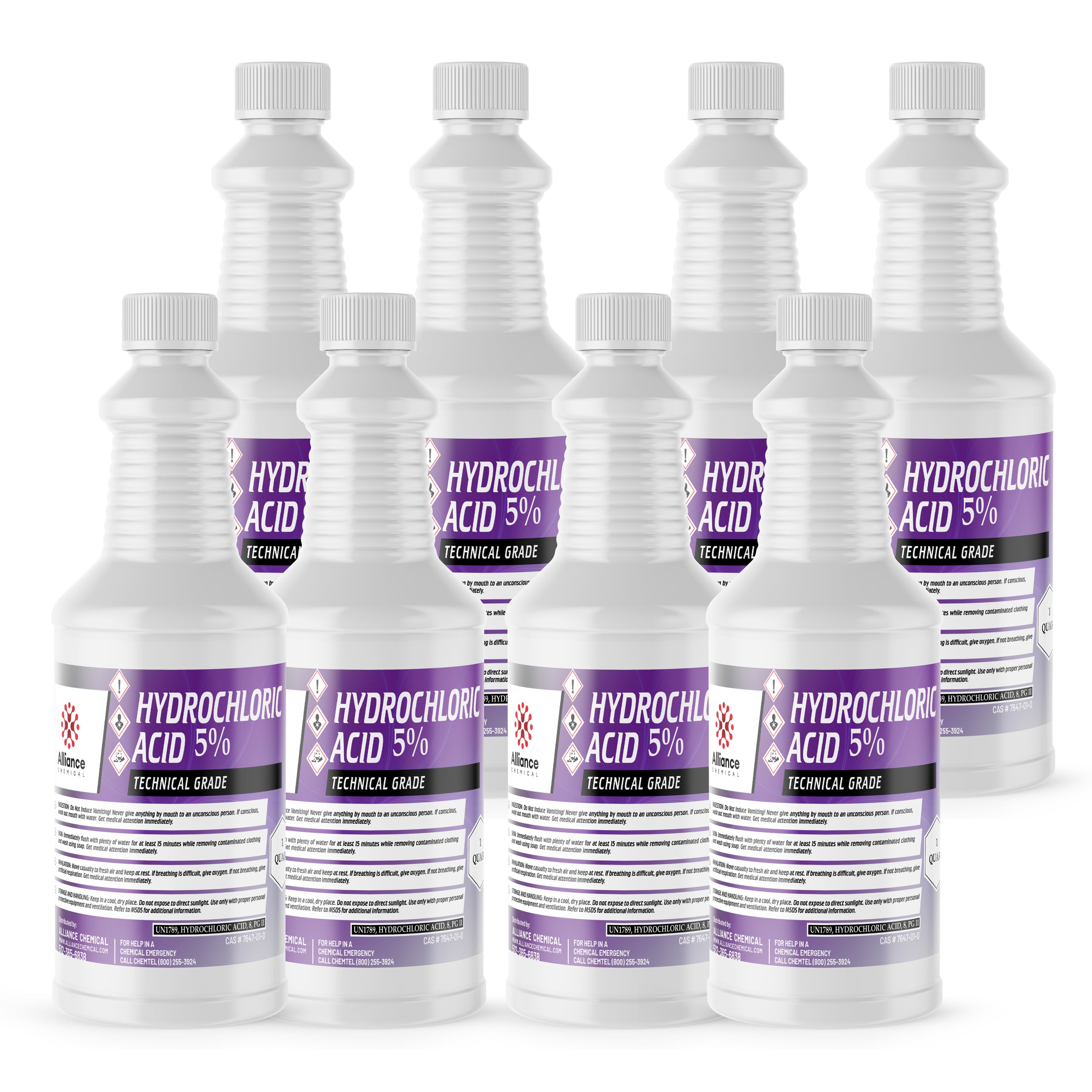 1-quart bottles (8-pack) of 5% technical-grade hydrochloric acid in white HDPE containers with purple labels, GHS hazard symbols, safety warnings.