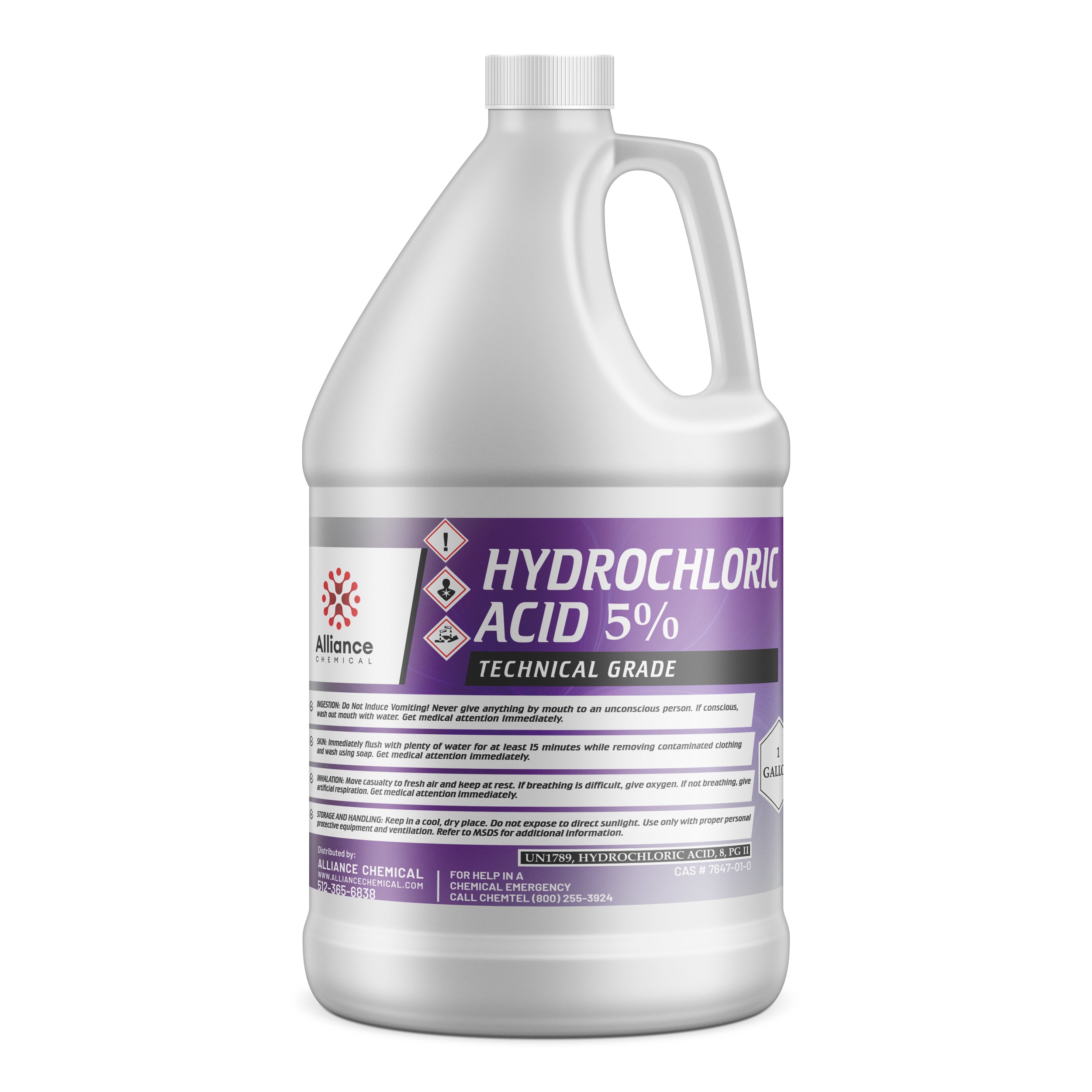 One-gallon white HDPE jug of Alliance Chemical 5% Hydrochloric Acid Technical Grade with corrosive/toxic hazard symbols and safety instructions.