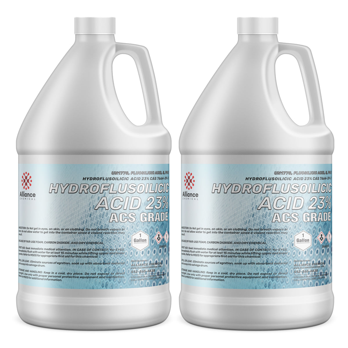 2-gallon HDPE jugs of Hydrofluosilicic Acid 23% ACS Grade by Alliance Chemical