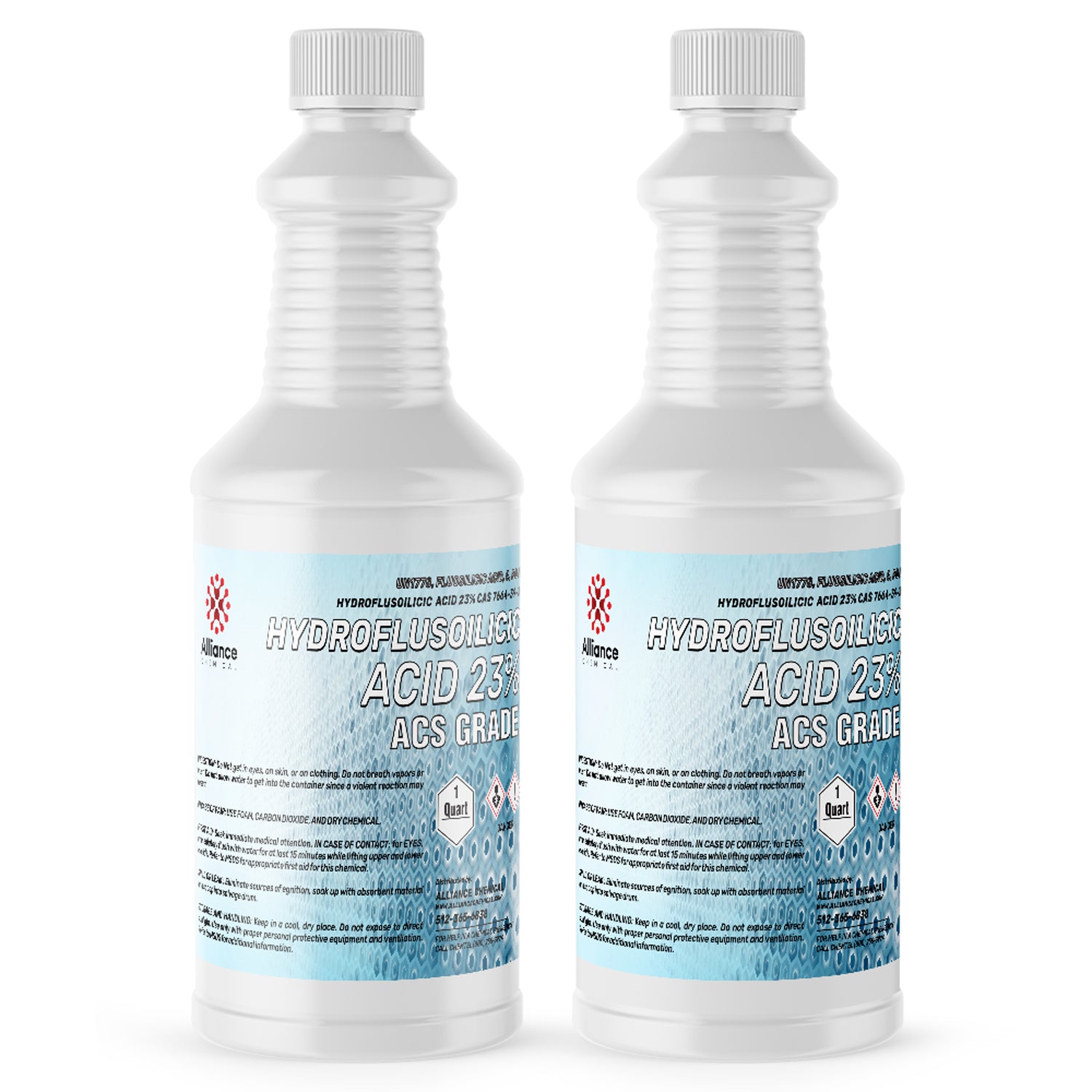 2-quart bottles of 23% Hydrofluosilicic Acid ACS Grade in HDPE containers with safety caps, hazard symbols, and Alliance Chemical branding.