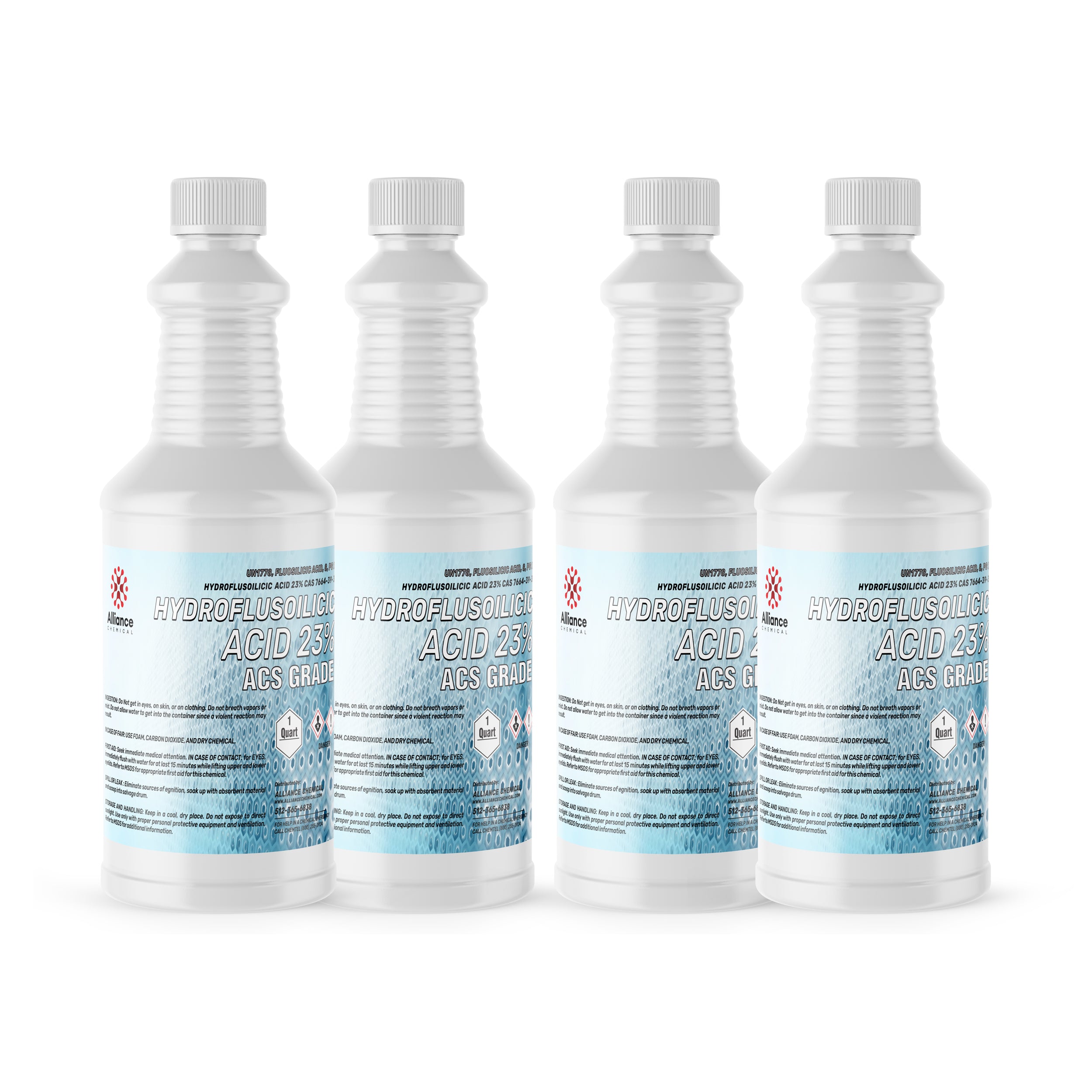 4x1-quart HDPE bottles of Hydrofluosilicic Acid 23% ACS Grade with corrosive warning symbols, white ribbed containers, blue-tinted labels.