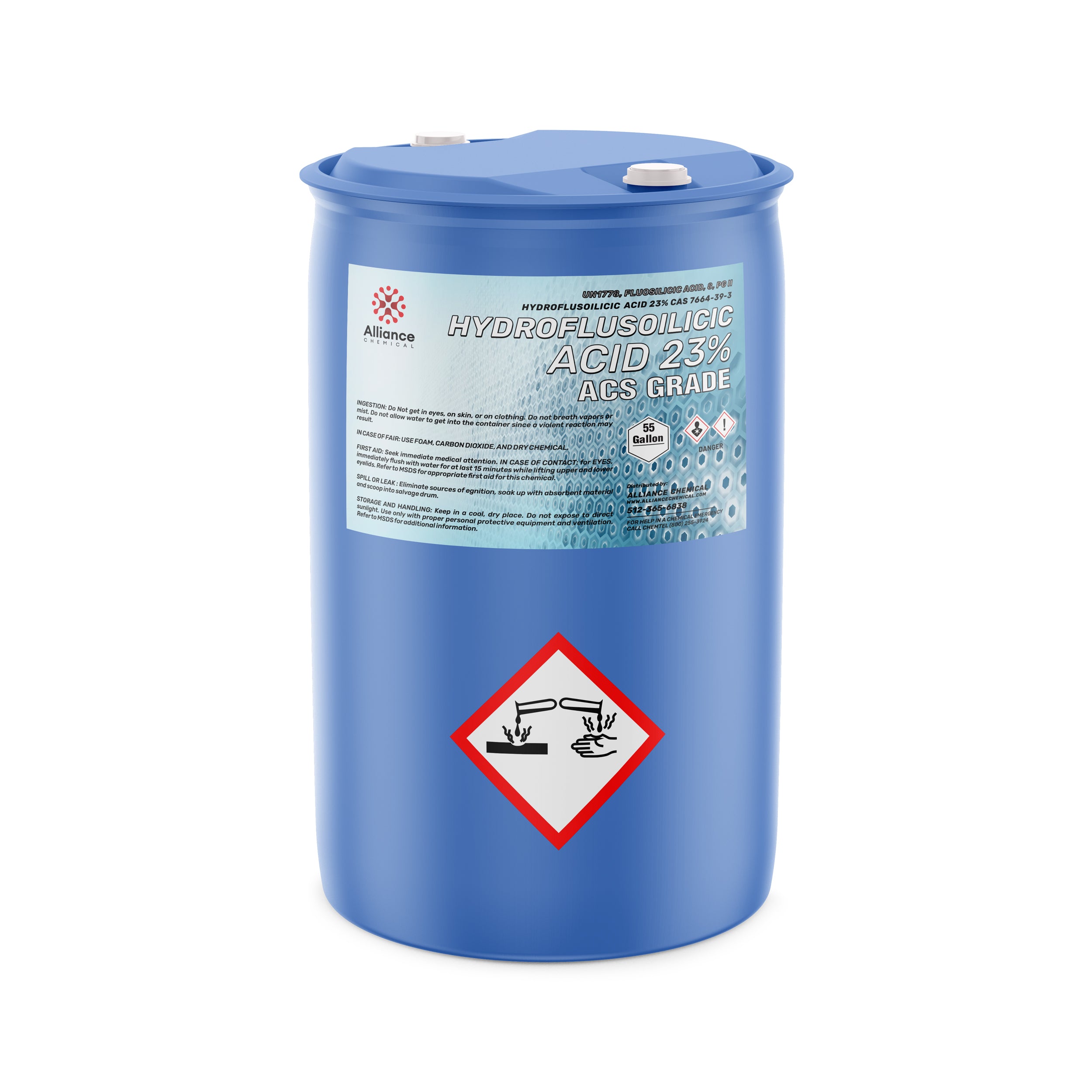 55-gallon blue HDPE drum of Hydrofluosilicic Acid 23% ACS Grade with corrosive hazard warning symbol, Alliance Chemical branded label.