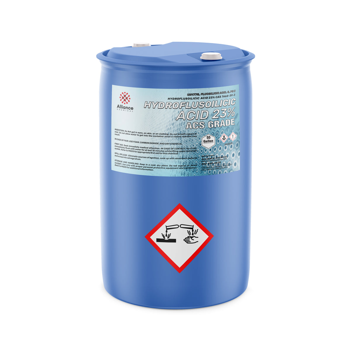 55-gallon HDPE drum of Hydrofluosilicic Acid 23% ACS Grade with Alliance Chemical branded label