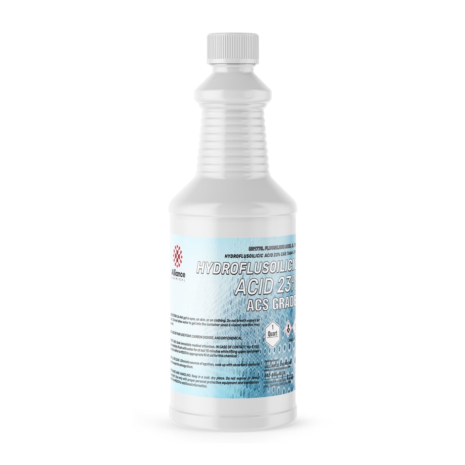 Quart bottle of Hydrofluorosilicic Acid 23% ACS Grade in white HDPE container with corrosive/toxic hazard symbols and safety warnings.