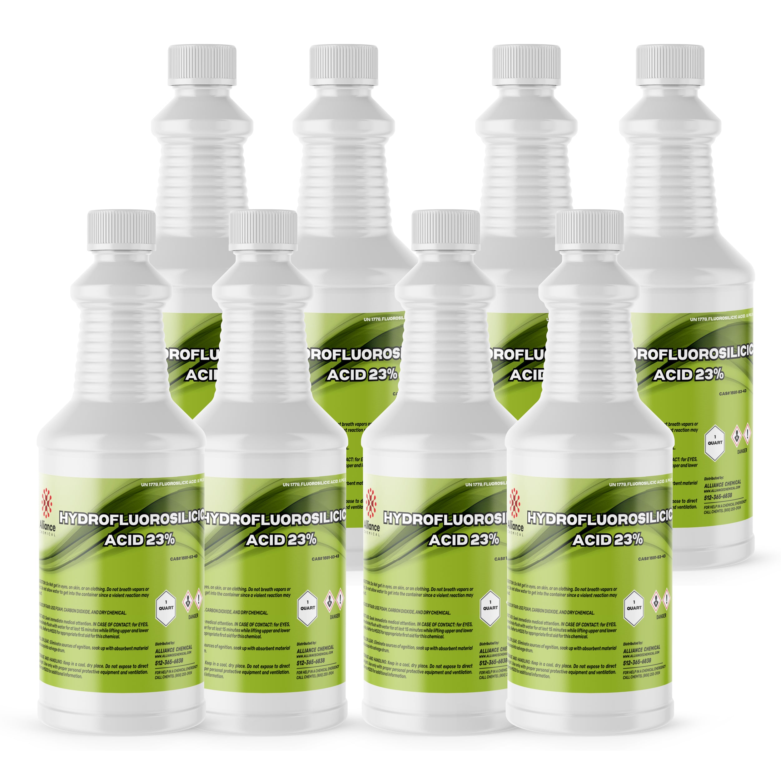 1-quart bottles of Hydrofluorosilicic Acid 23% (HFS) in white HDPE containers with green labels, hazard symbols and safety warnings, 8-pack set.