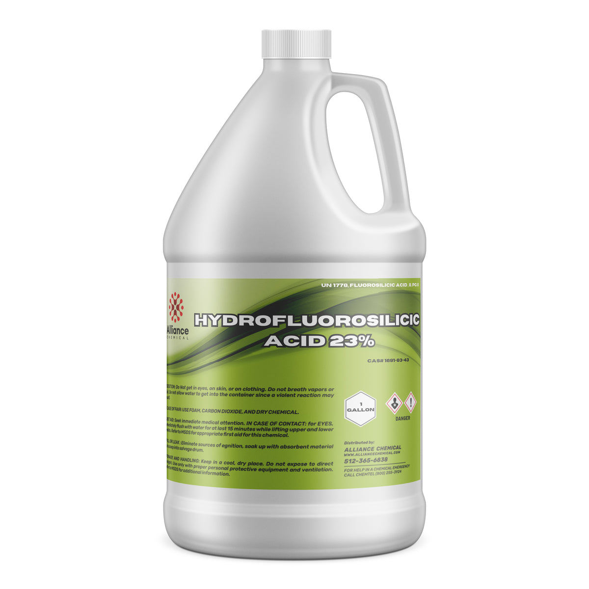Alliance Chemical One-gallon HDPE jug of Hydrofluorosilicic Acid 23% (HFS) UN1778 classification, and hazard warning symbols