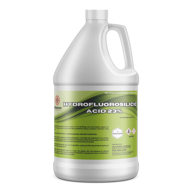 Alliance Chemical One-gallon HDPE jug of Hydrofluorosilicic Acid 23% (HFS) UN1778 classification, and hazard warning symbols