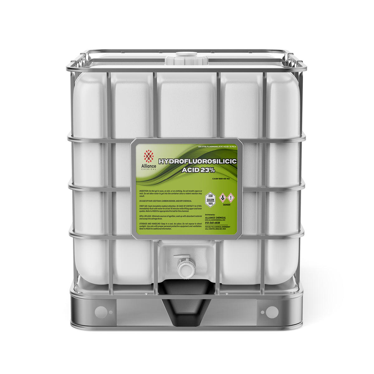 Alliance Chemical 330-gallon tote of Hydrofluorosilicic Acid 23% with a steel cage, white plastic container, and label.
