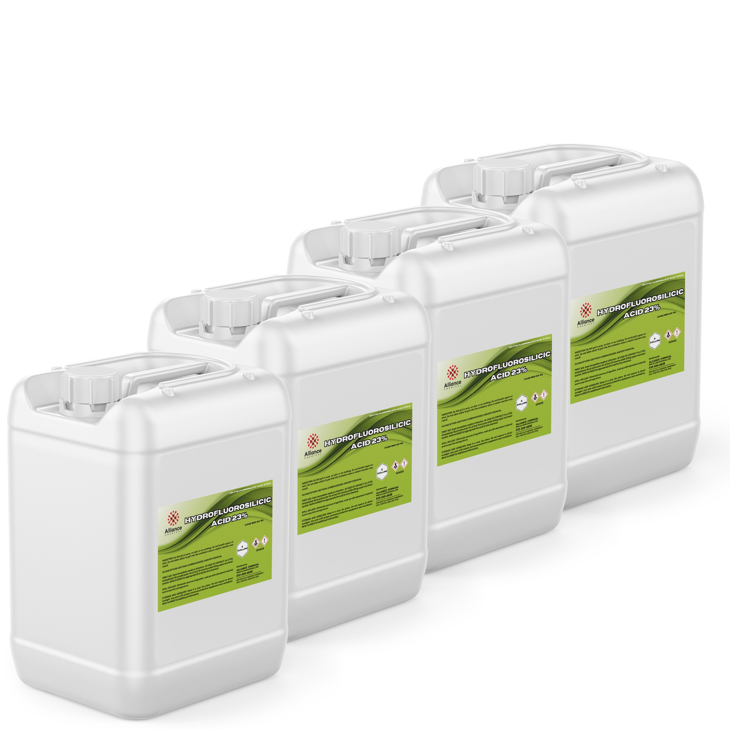 4x5-gallon white HDPE containers of 23% Hydrofluorosilicic Acid (HFS) with green safety labels, hazard warnings and screw-top caps.