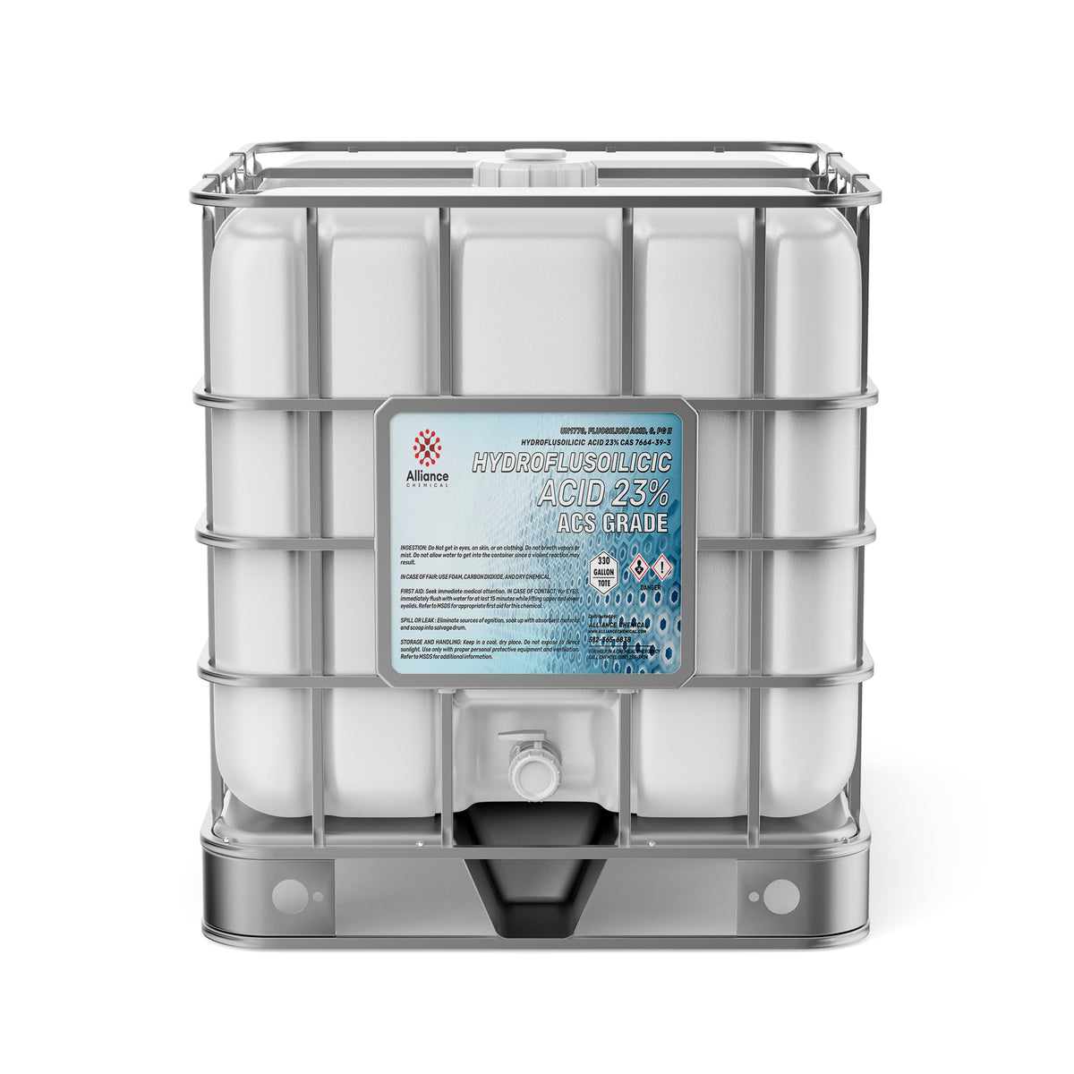 One 330-gallon tote of Alliance Chemical Hydrofluorosilicic Acid 23% ACS Grade with a steel cage and a spigot.