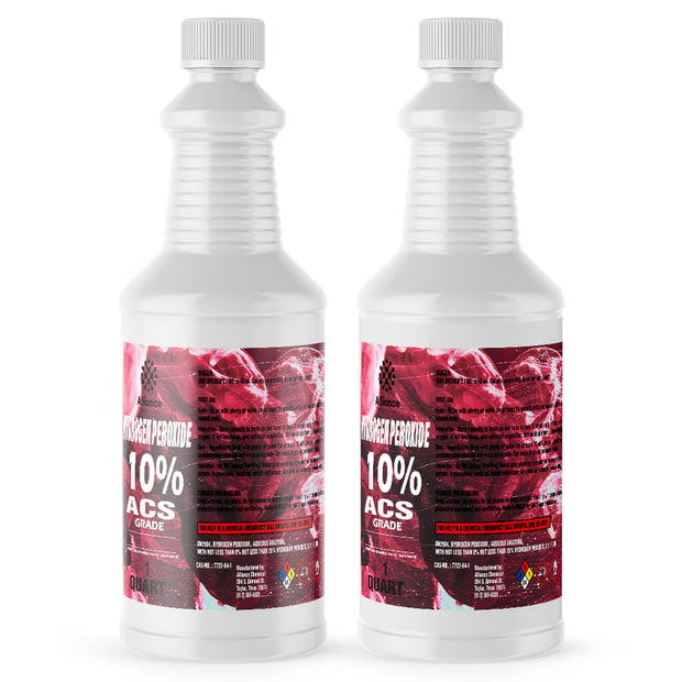 Two 1-quart plastic bottles of Alliance Chemical Hydrogen Peroxide 10% ACS Grade with white screw caps and product labels.