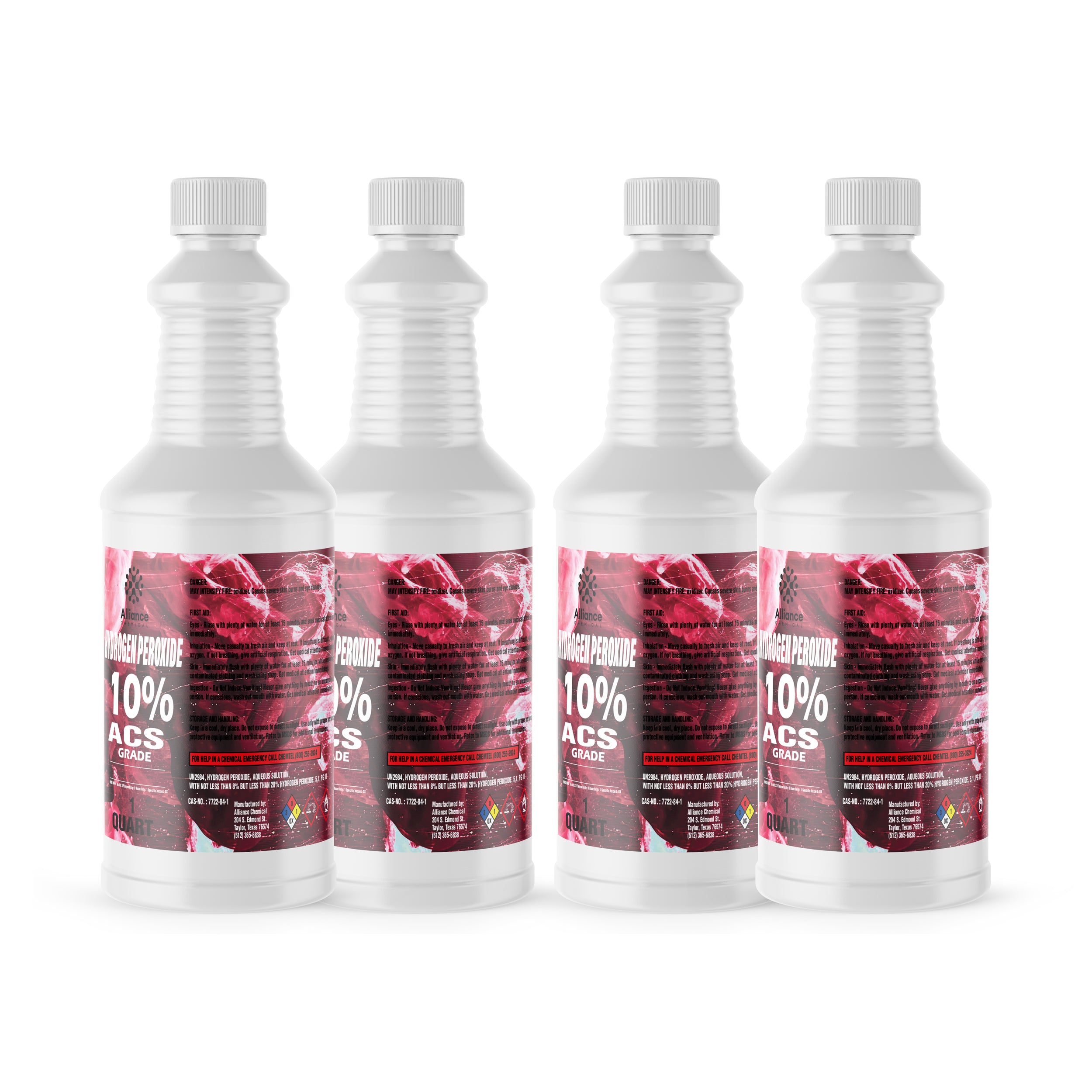 4x1 quart bottles of 10% ACS-grade hydrogen peroxide in white HDPE containers with safety-sealed caps and hazard warning labels, red labeling.