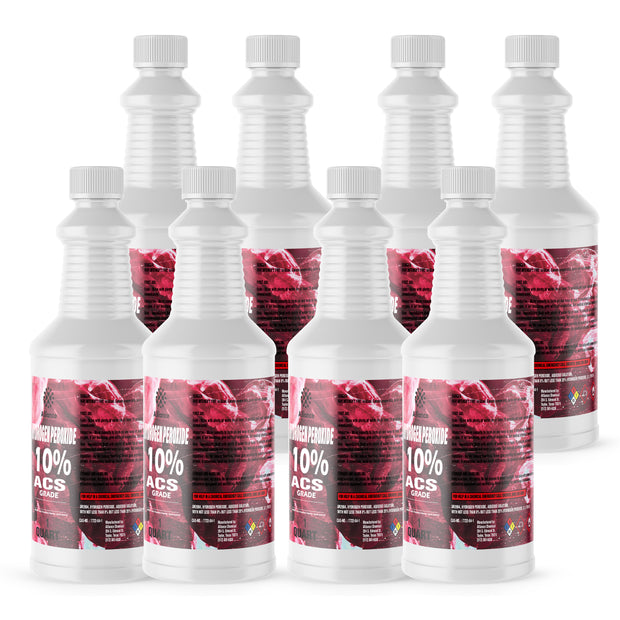 Eight Alliance Chemical 1-Quart HDPE bottles of Hydrogen Peroxide 10% ACS Grade with white screw caps and safety labels