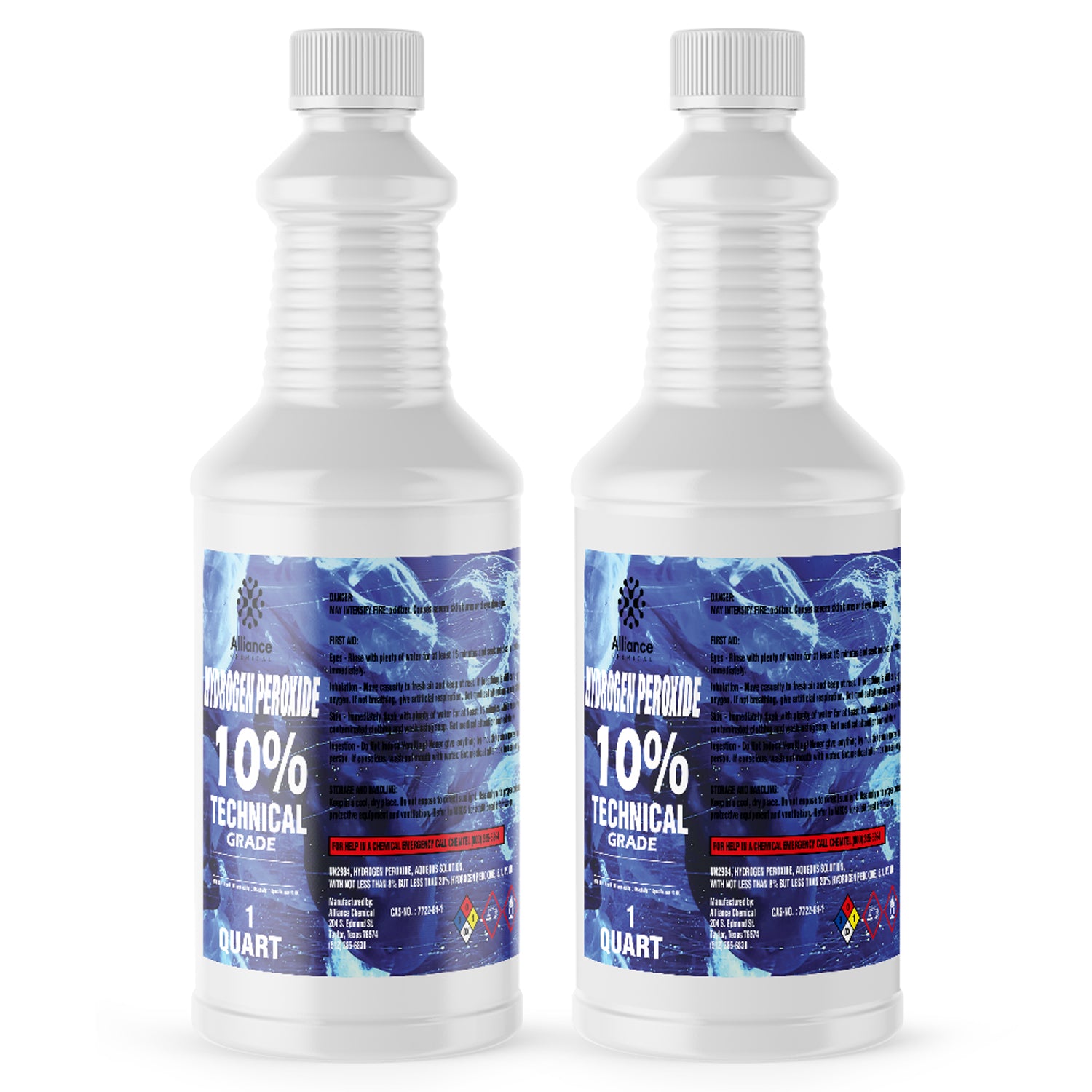 1-quart bottles of 10% Technical Grade Hydrogen Peroxide in white HDPE containers with blue label, NFPA diamond symbol, hazmat info displayed.