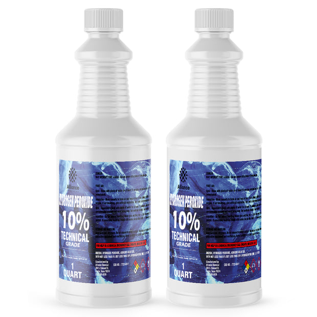 Two 1-quart plastic bottles of Alliance Chemical Hydrogen Peroxide 10% Technical Grade with white screw caps.
