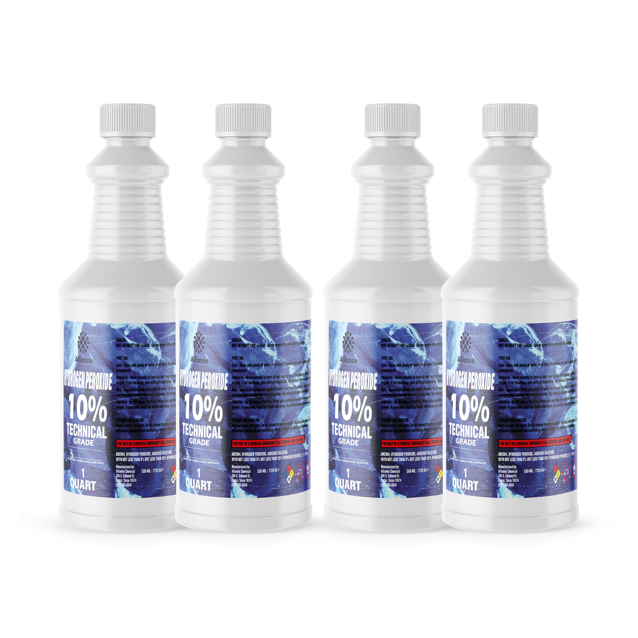 4 quart bottles of 10% Technical Grade Hydrogen Peroxide in white HDPE containers with blue labels, NFPA diamond hazard symbols, and ribbed safety caps.