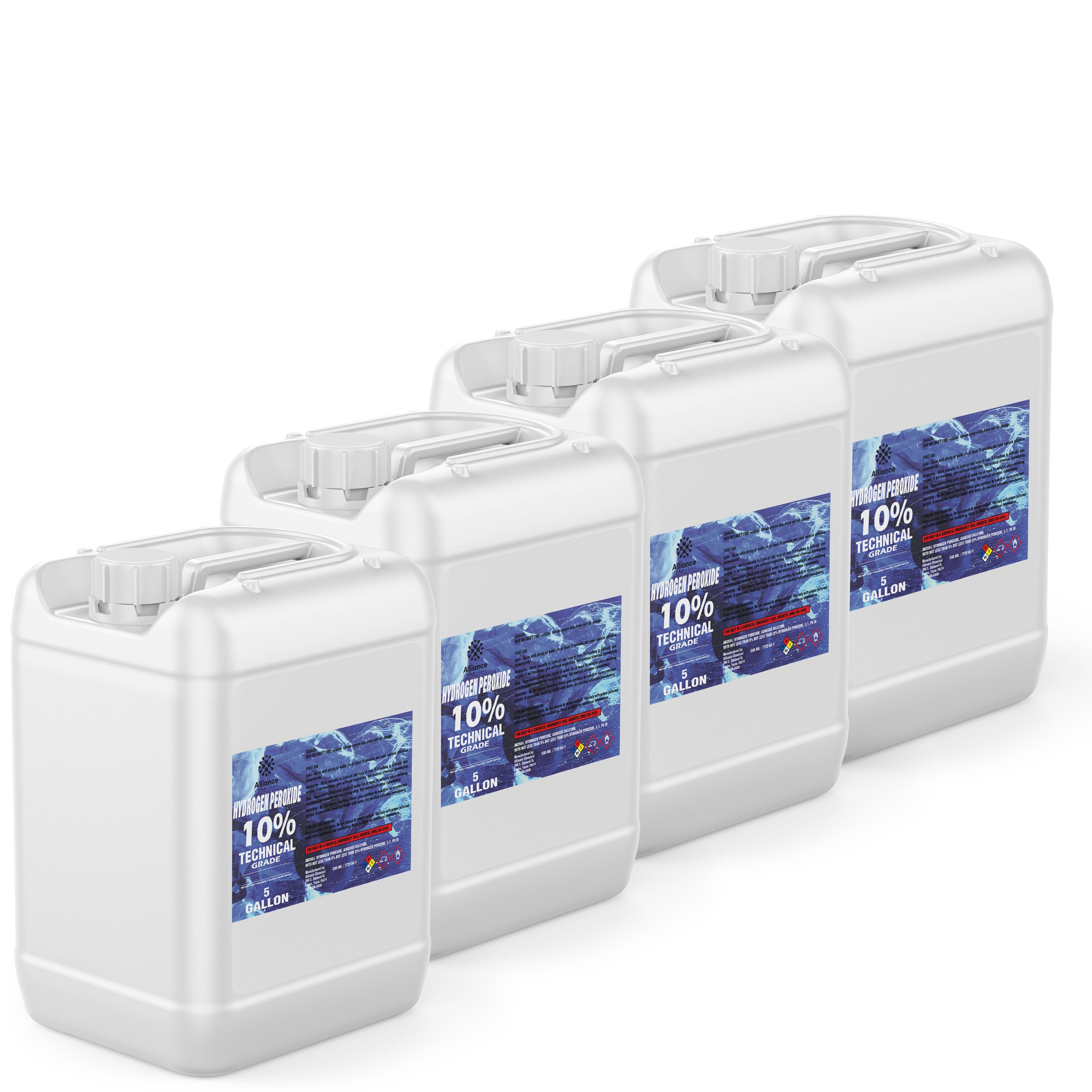 4x5-gallon HDPE jugs of 10% Technical Grade Hydrogen Peroxide in white containers with blue hazmat labels, screw-top safety caps, ergonomic handles.