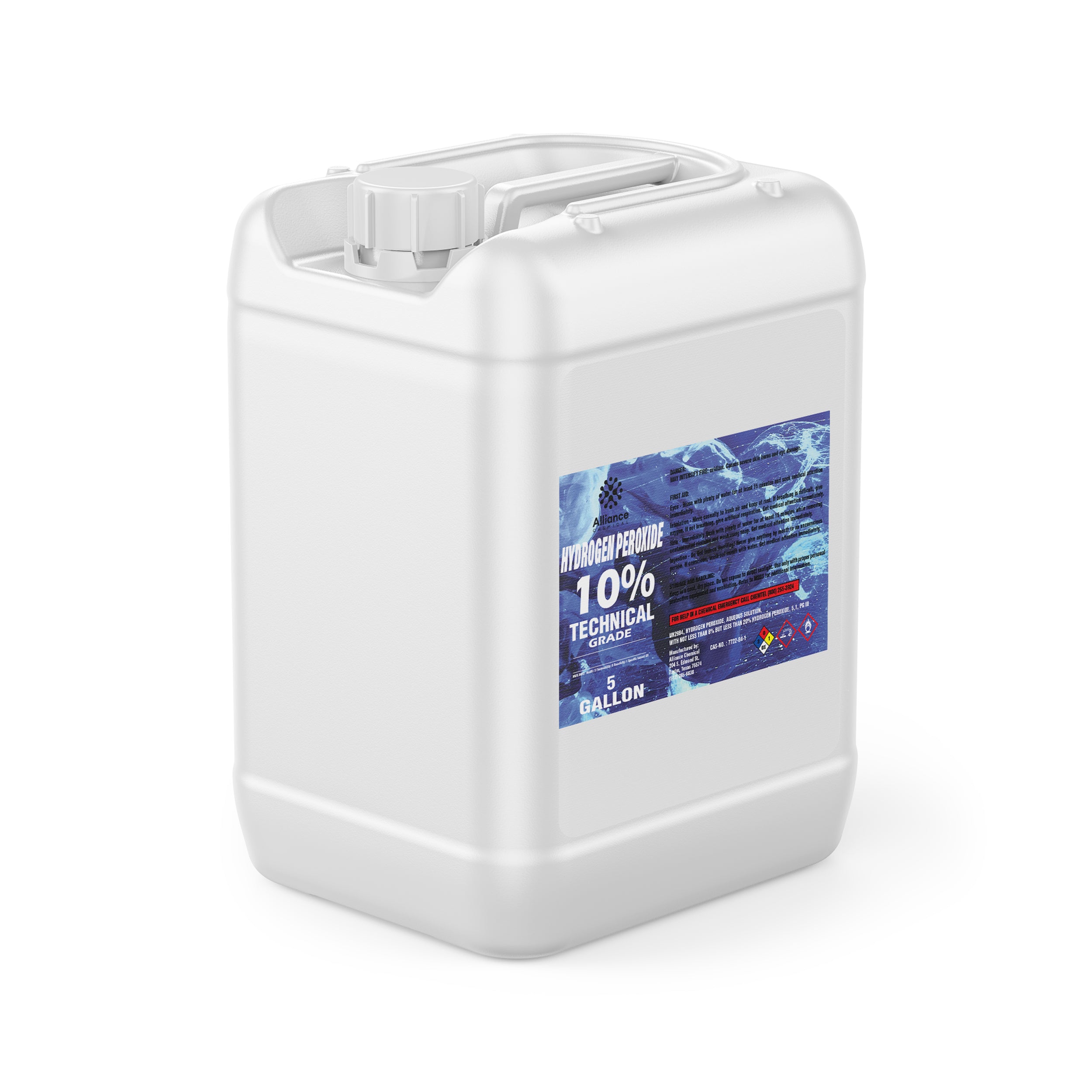 5-gallon white HDPE container of 10% Technical Grade Hydrogen Peroxide, featuring blue product label with NFPA hazard diamonds and secure screw cap.
