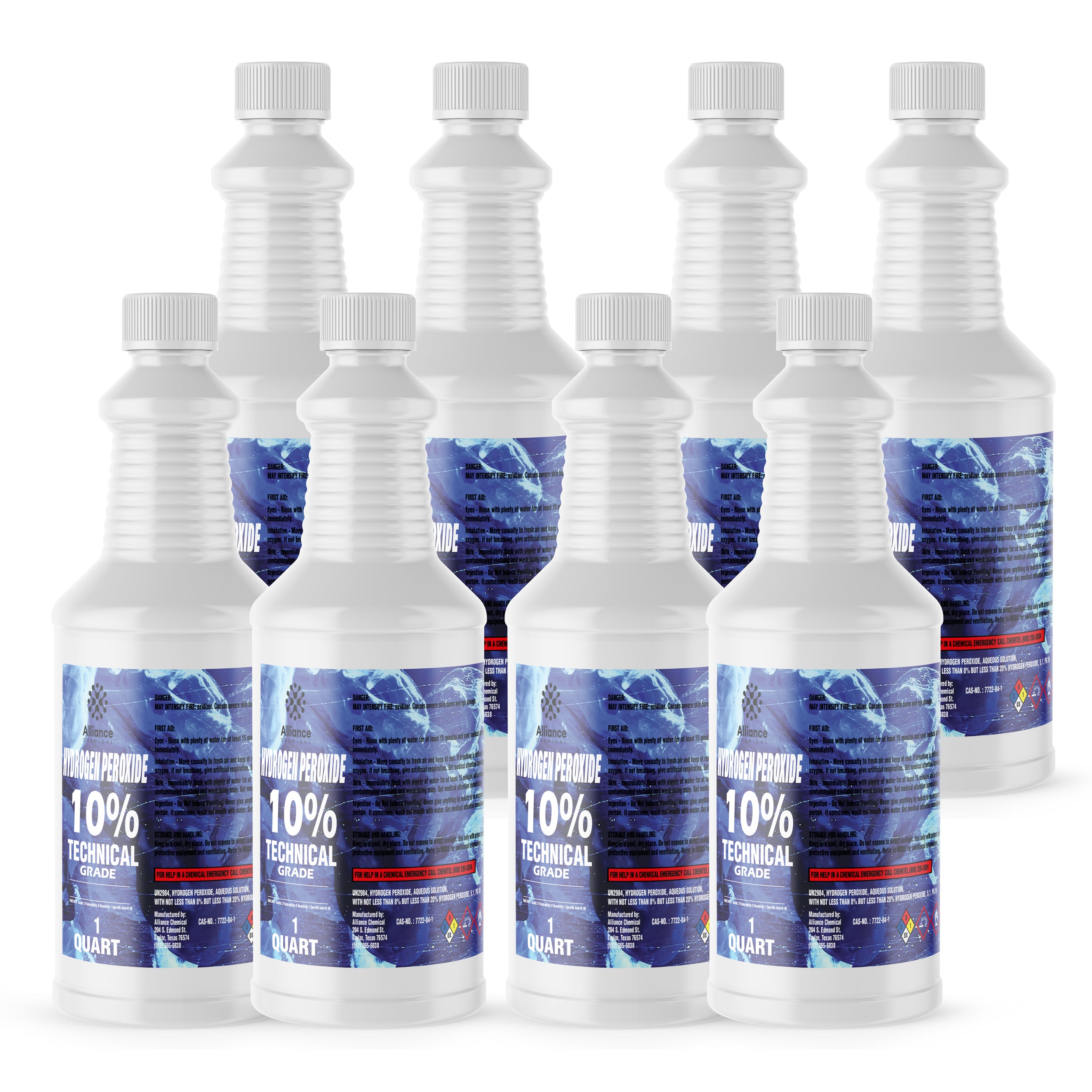 1-quart bottles of 10% Technical Grade Hydrogen Peroxide in white HDPE containers with blue labels, hazard diamonds, and child-resistant caps.