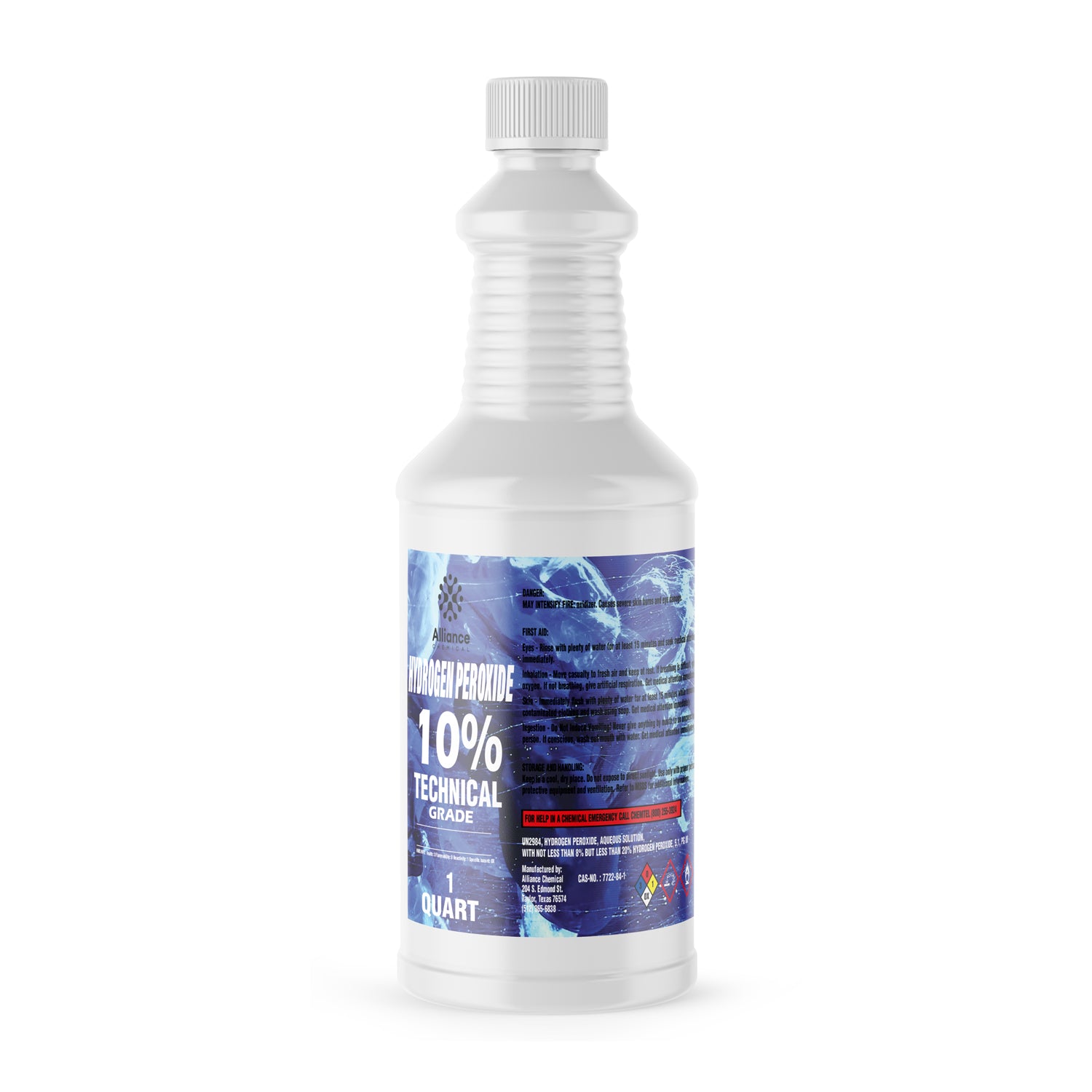 1-quart white HDPE bottle of 10% Technical Grade Hydrogen Peroxide with blue safety label and chemical hazard diamond symbols.