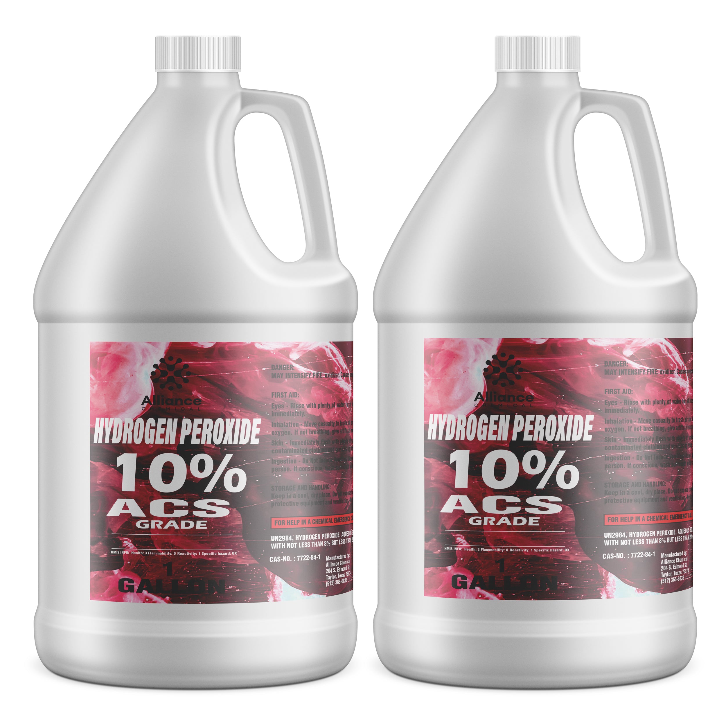2-gallon white HDPE jugs of Alliance 10% ACS-grade hydrogen peroxide, featuring red warning labels and ribbed safety caps, CAS: 7722-84-1.