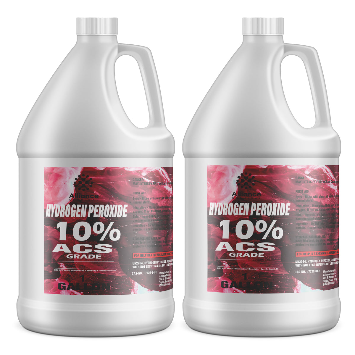 Alliance Chemical 2-gallon HDPE jugs of Alliance 10% ACS-grade hydrogen peroxide CAS: 7722-84-1