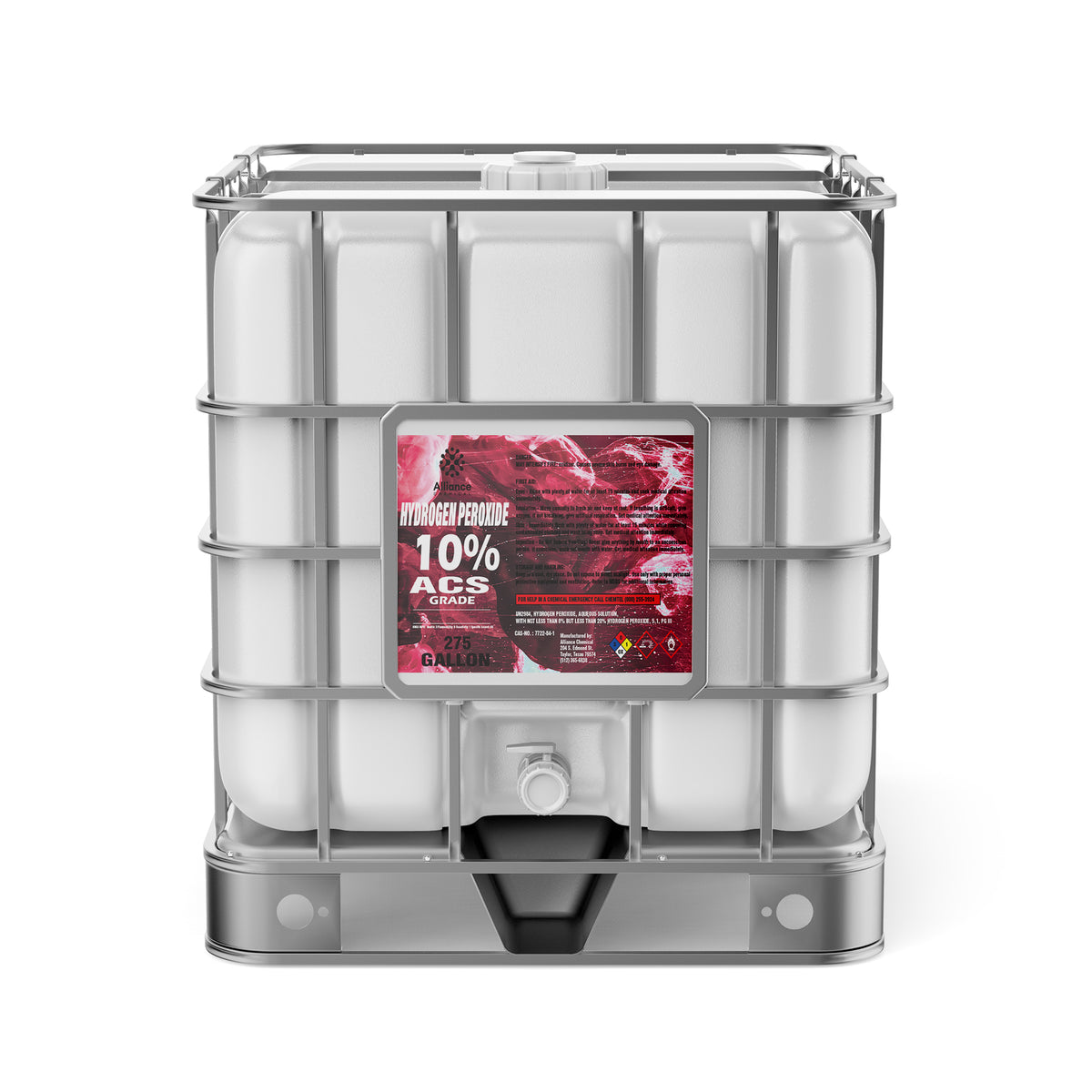 Alliance Chemical 275-gallon plastic tote of Hydrogen Peroxide 10% ACS Grade with a metal cage and a white cap.