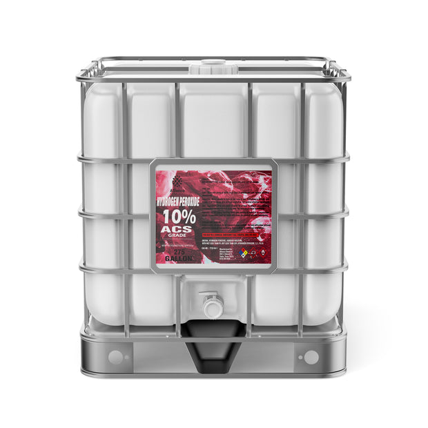 Alliance Chemical 275-gallon plastic tote of Hydrogen Peroxide 10% ACS Grade with a metal cage and a white cap.