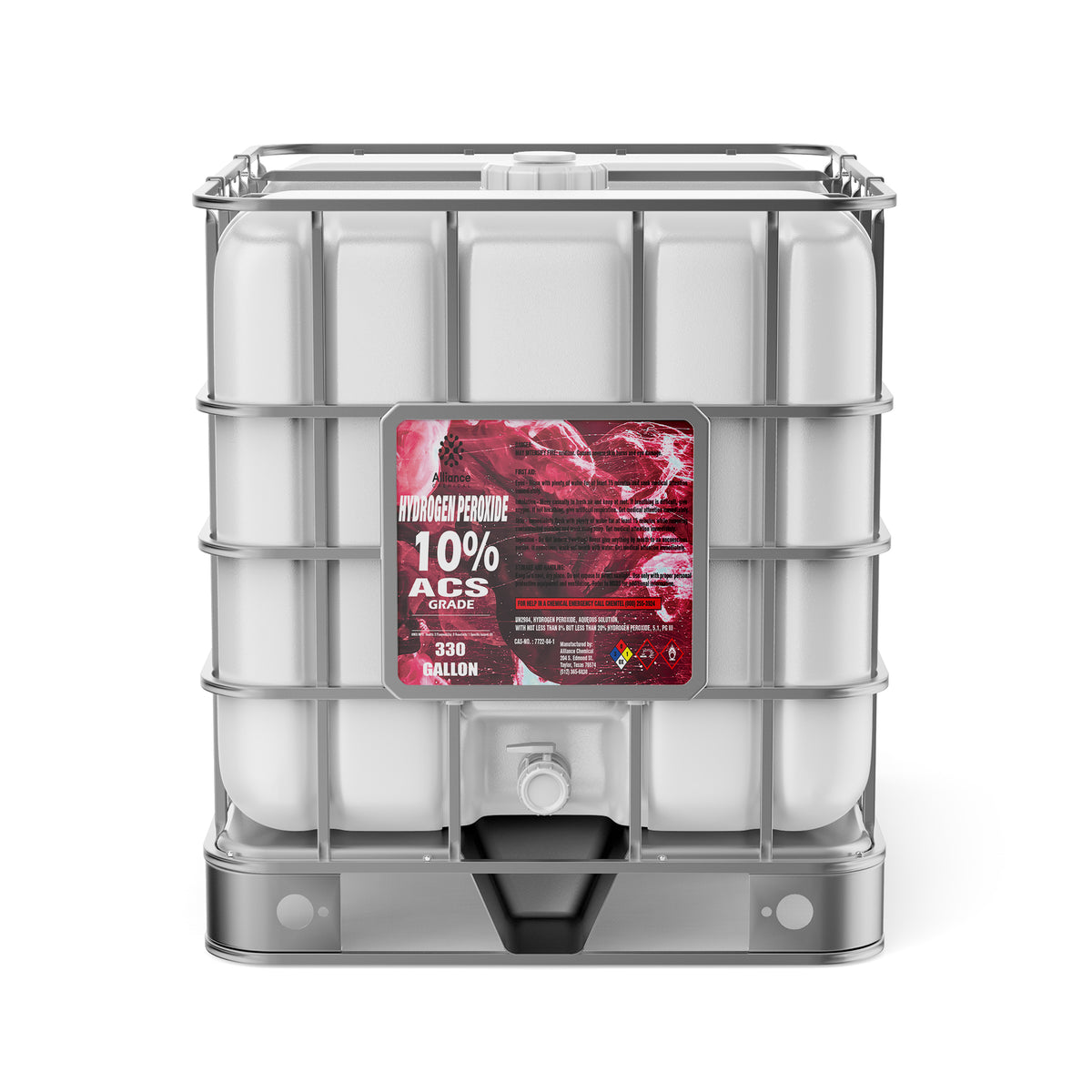 Alliance Chemical 330-gallon plastic tote of Hydrogen Peroxide 10% ACS Grade with a steel cage, spigot, and product label.