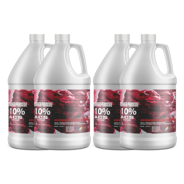 Four 1-gallon HDPE jugs of Alliance Chemical Hydrogen Peroxide 10% ACS Grade with white screw caps and product labels.