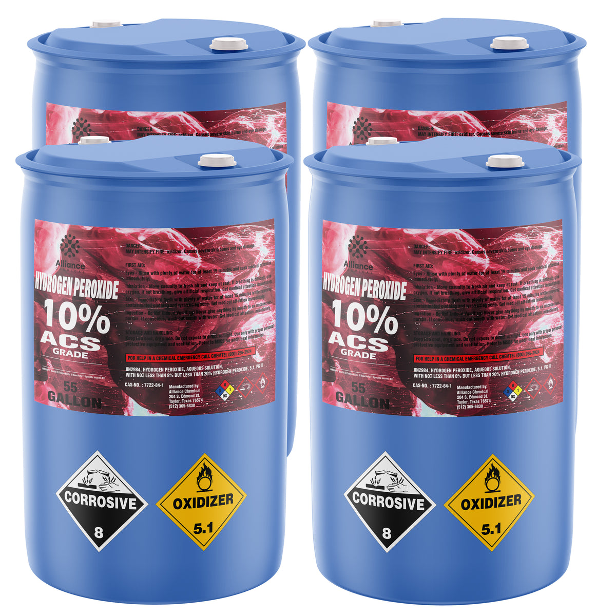 Four 55-gallon blue plastic drums of Alliance Chemical Hydrogen Peroxide 10% ACS Grade with white caps and product labels.