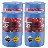 Four 55-gallon blue plastic drums of Alliance Chemical Hydrogen Peroxide 10% ACS Grade with white caps and product labels.
