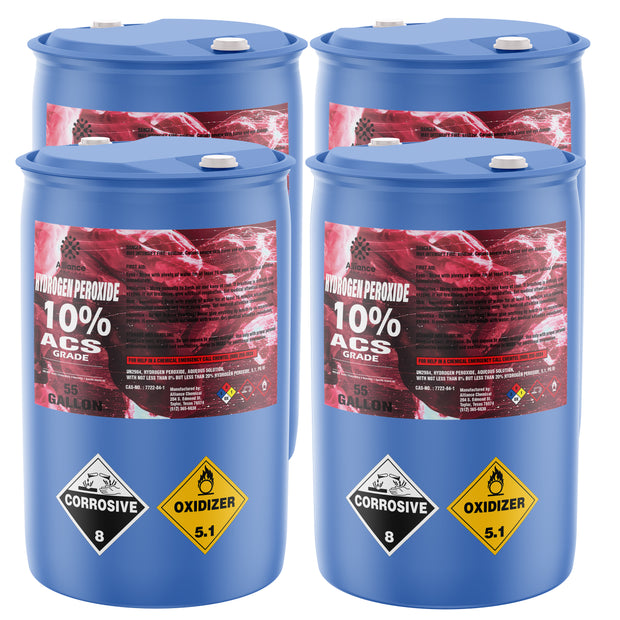 Four 55-gallon blue plastic drums of Alliance Chemical Hydrogen Peroxide 10% ACS Grade with white caps and product labels.