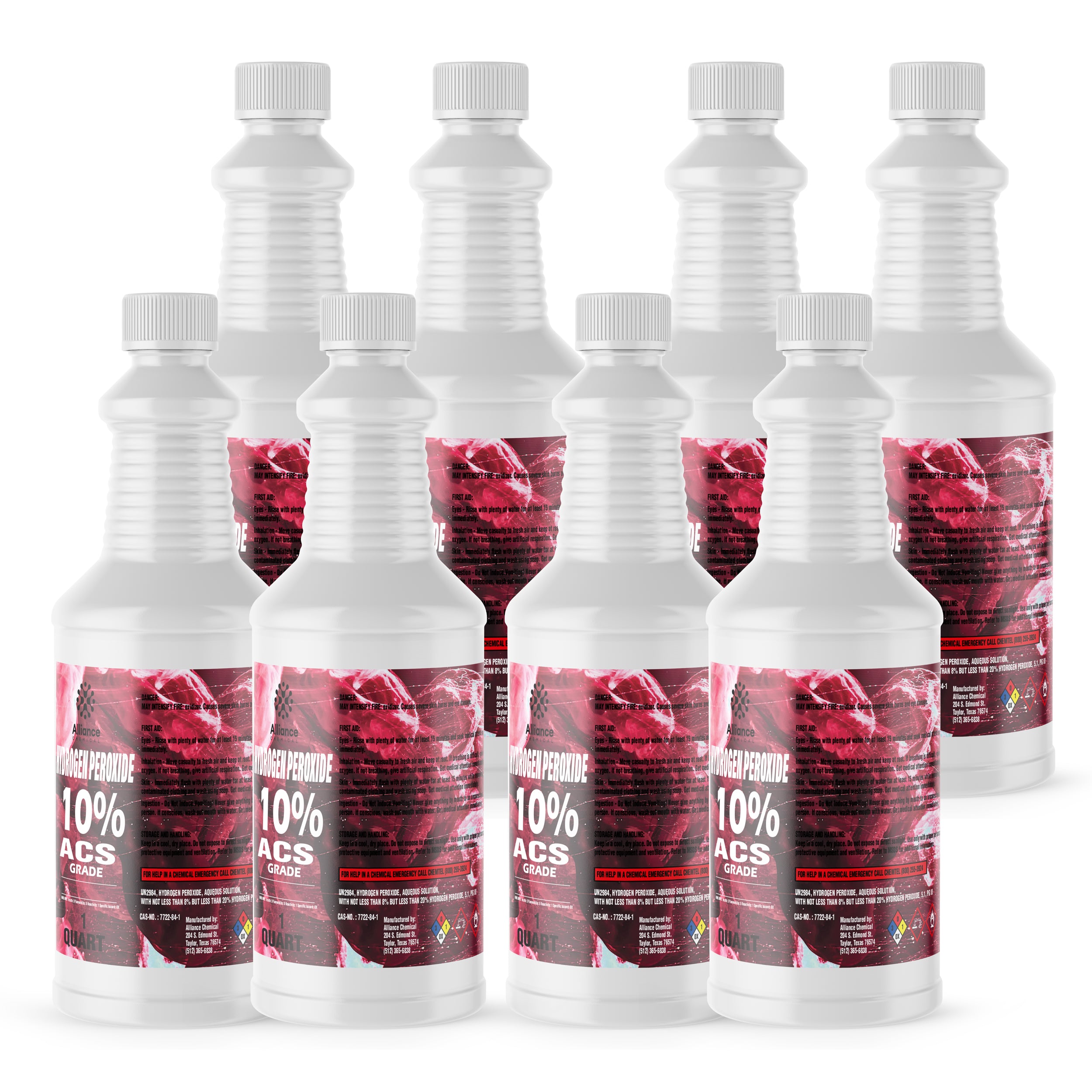 8-pack of 1-quart bottles containing 10% ACS-grade hydrogen peroxide in white HDPE containers with red-labeled hazard warnings and safety seals.