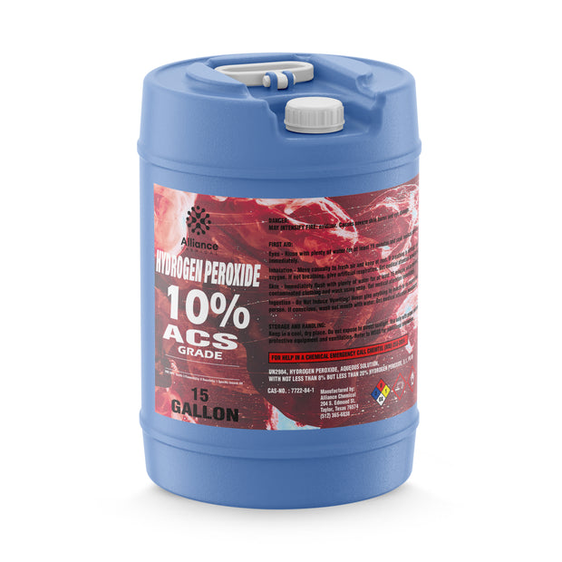 15-gallon blue HDPE drum of Alliance Chemical Hydrogen Peroxide 10% ACS Grade with a white screw cap and a top handle.