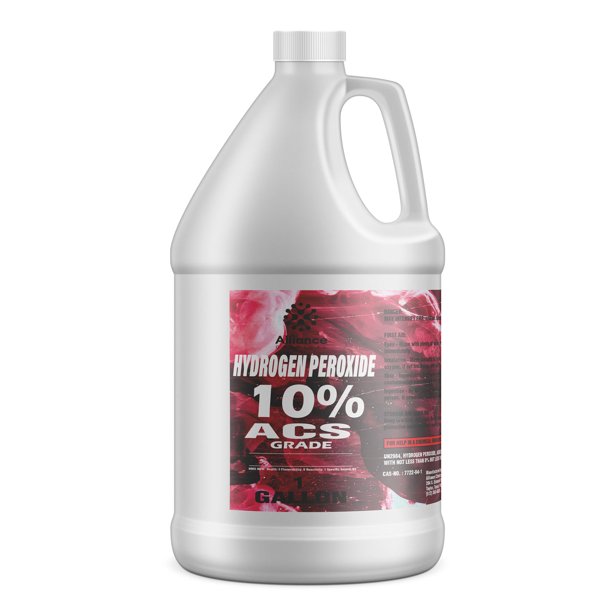 1-gallon HDPE jug of Alliance Chemical Hydrogen Peroxide 10% ACS Grade with a white screw cap and product label.