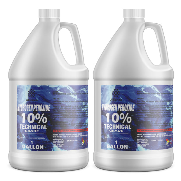 Two 1-gallon HDPE jugs of Alliance Chemical Hydrogen Peroxide 10% Technical Grade with white screw caps and handles.