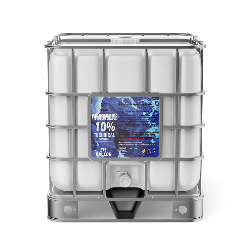 275-gallon IBC tote of 10% Technical Grade Hydrogen Peroxide in white HDPE container with metal cage, safety label, and bottom discharge valve.