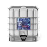 Alliance Chemical 275-gallon tote of Hydrogen Peroxide 10% Technical Grade with a metal cage and a spigot.