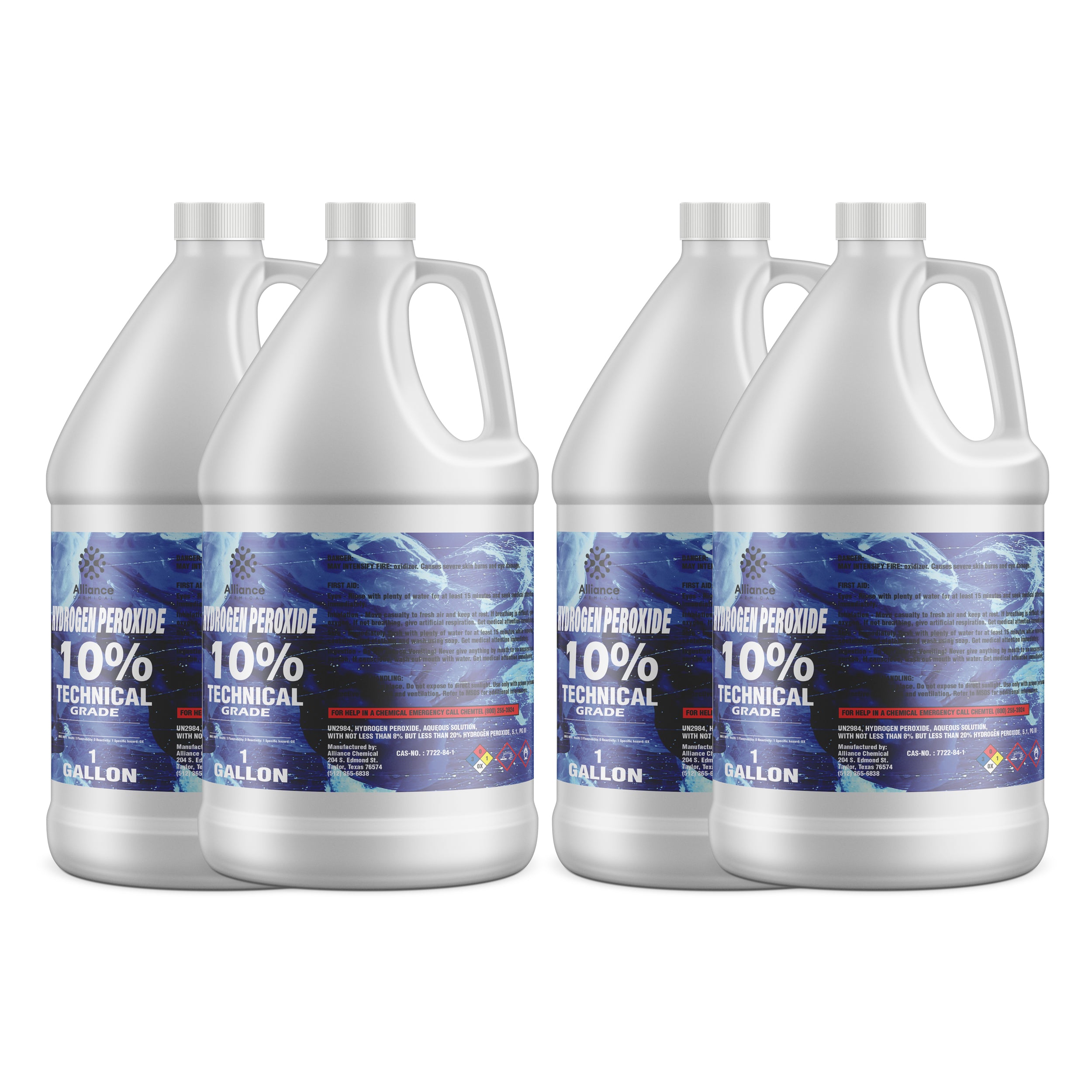 4x1-gallon HDPE containers of 10% Technical Grade Hydrogen Peroxide, white plastic jugs with blue gradient labels and chemical hazard symbols.
