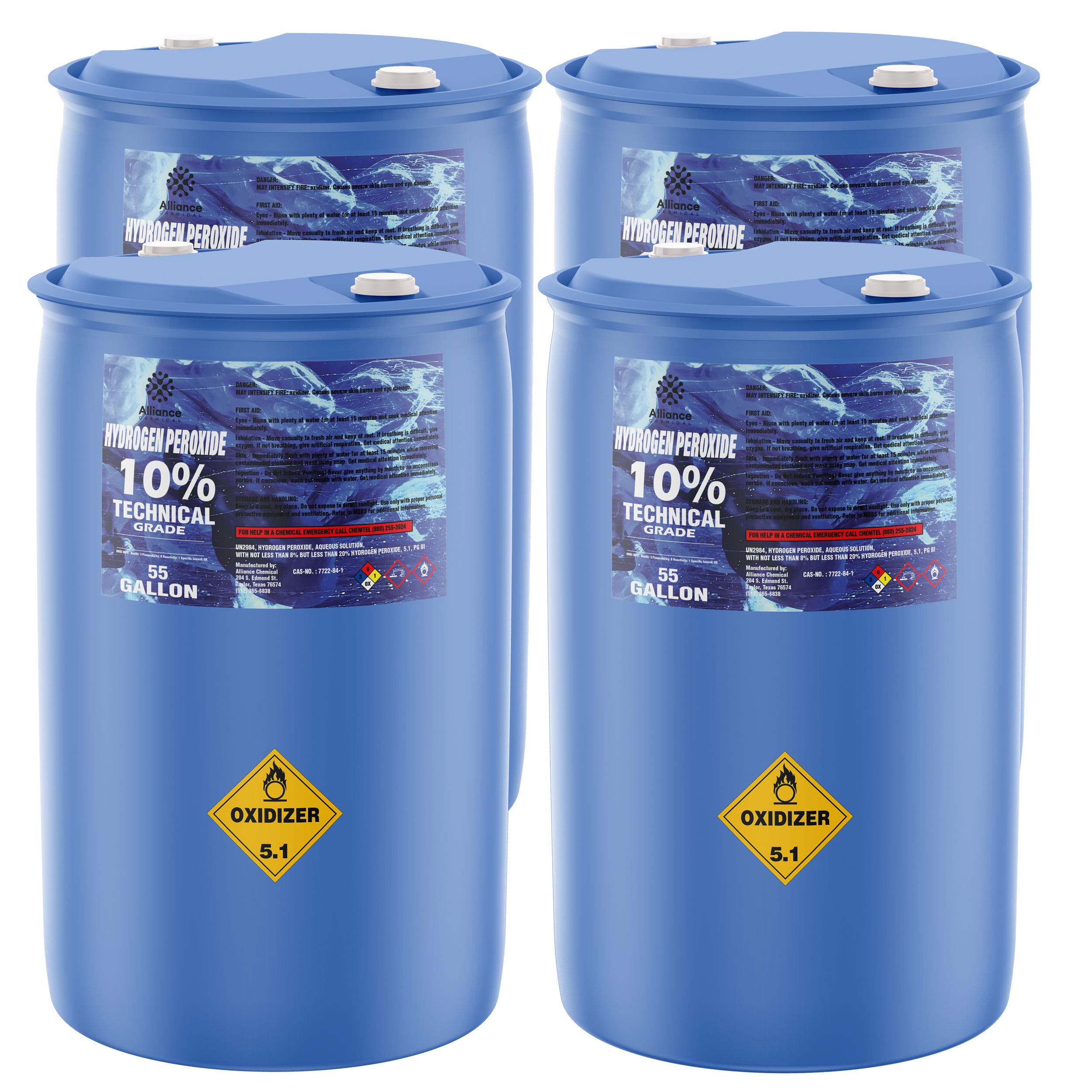 55-gallon blue HDPE drums of 10% technical-grade hydrogen peroxide, featuring Oxidizer 5.1 hazard diamonds and Alliance Chemical labeling, 4-drum set.