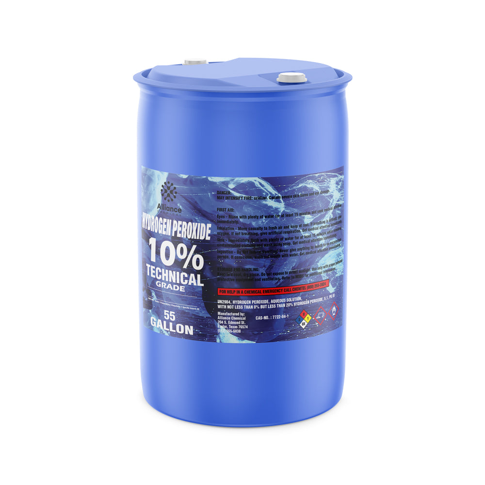 55-gallon blue HDPE drum of 10% technical-grade hydrogen peroxide with hazard warning labels, safety data, and dual cap closure system.